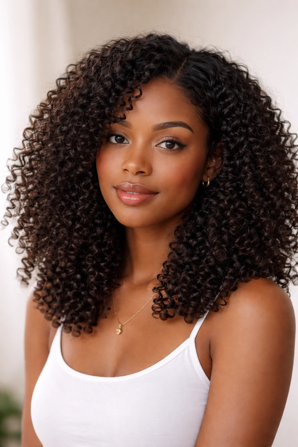 Shoulder-length wash-and-go cut with defined curls.