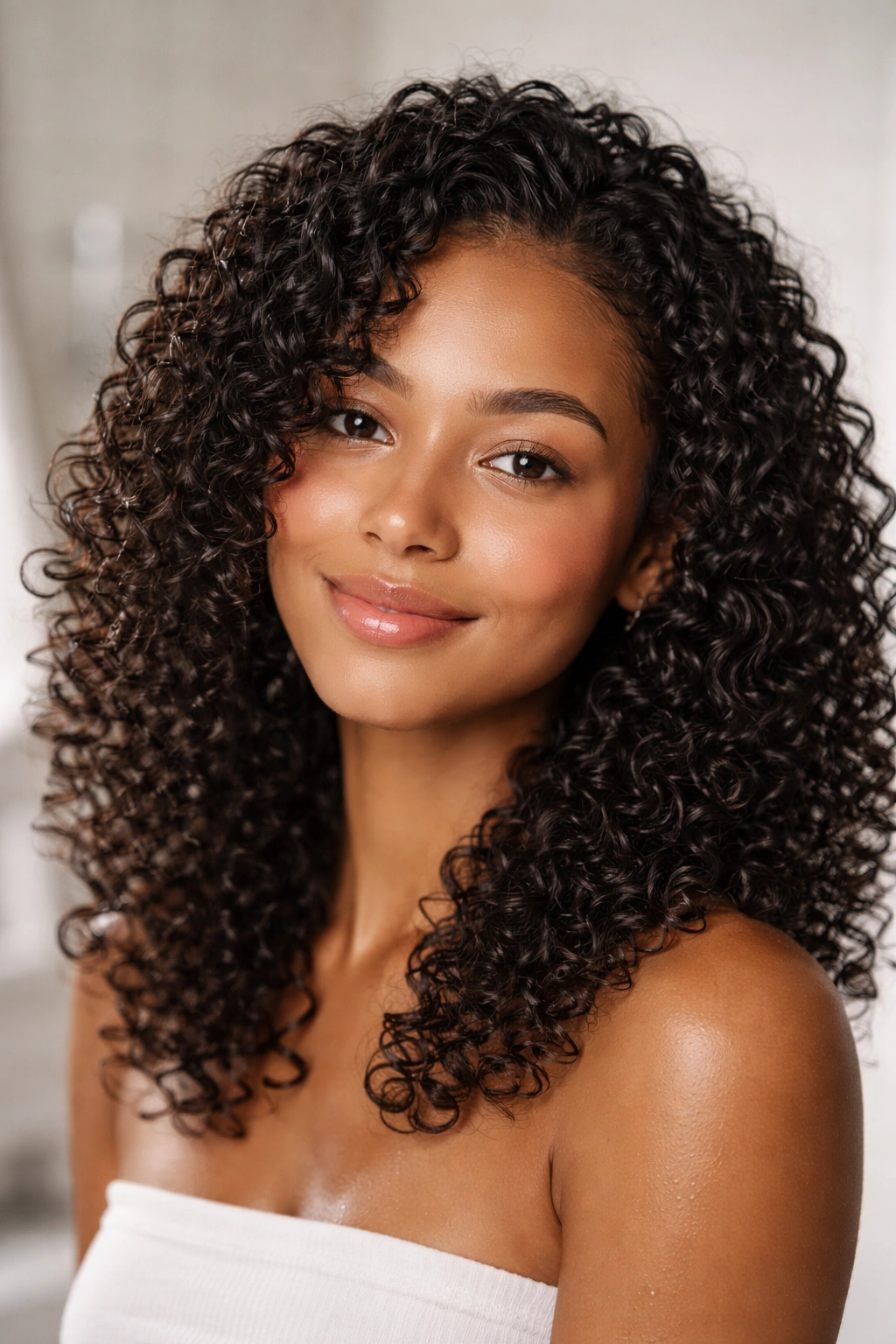 Close-up of defined curls after wash-and-go routine with moisture and shine