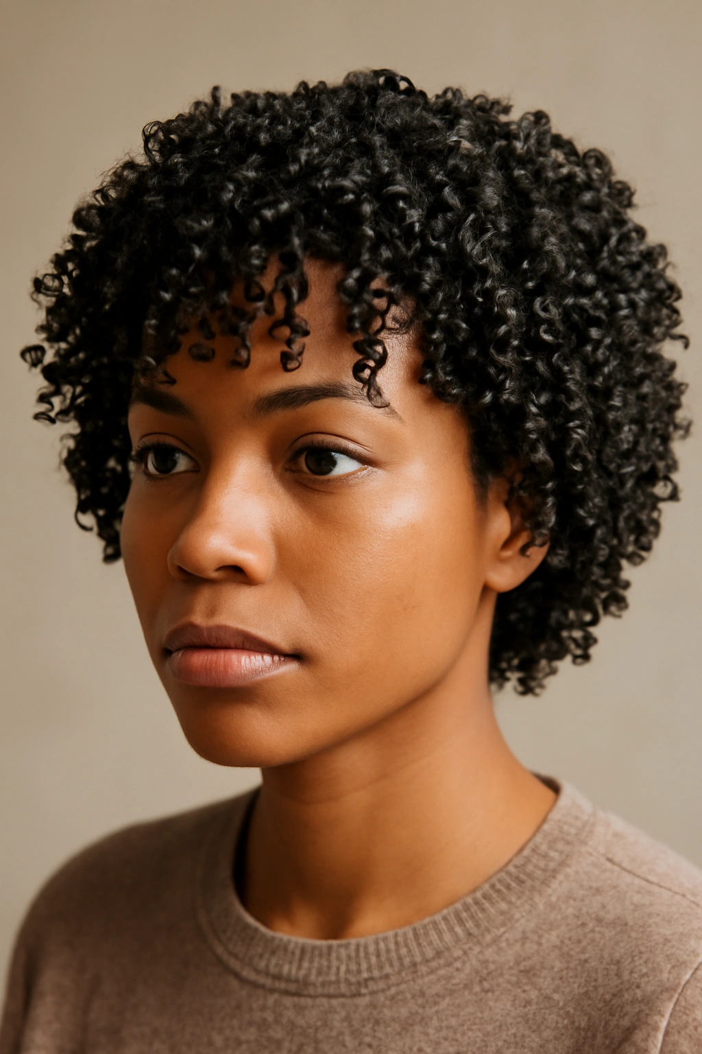 12 Easy Short Curly Styles for Effortless Mornings 1 Close-up of a head with gel-cast, defined curls in a bone-dry wash-and-go