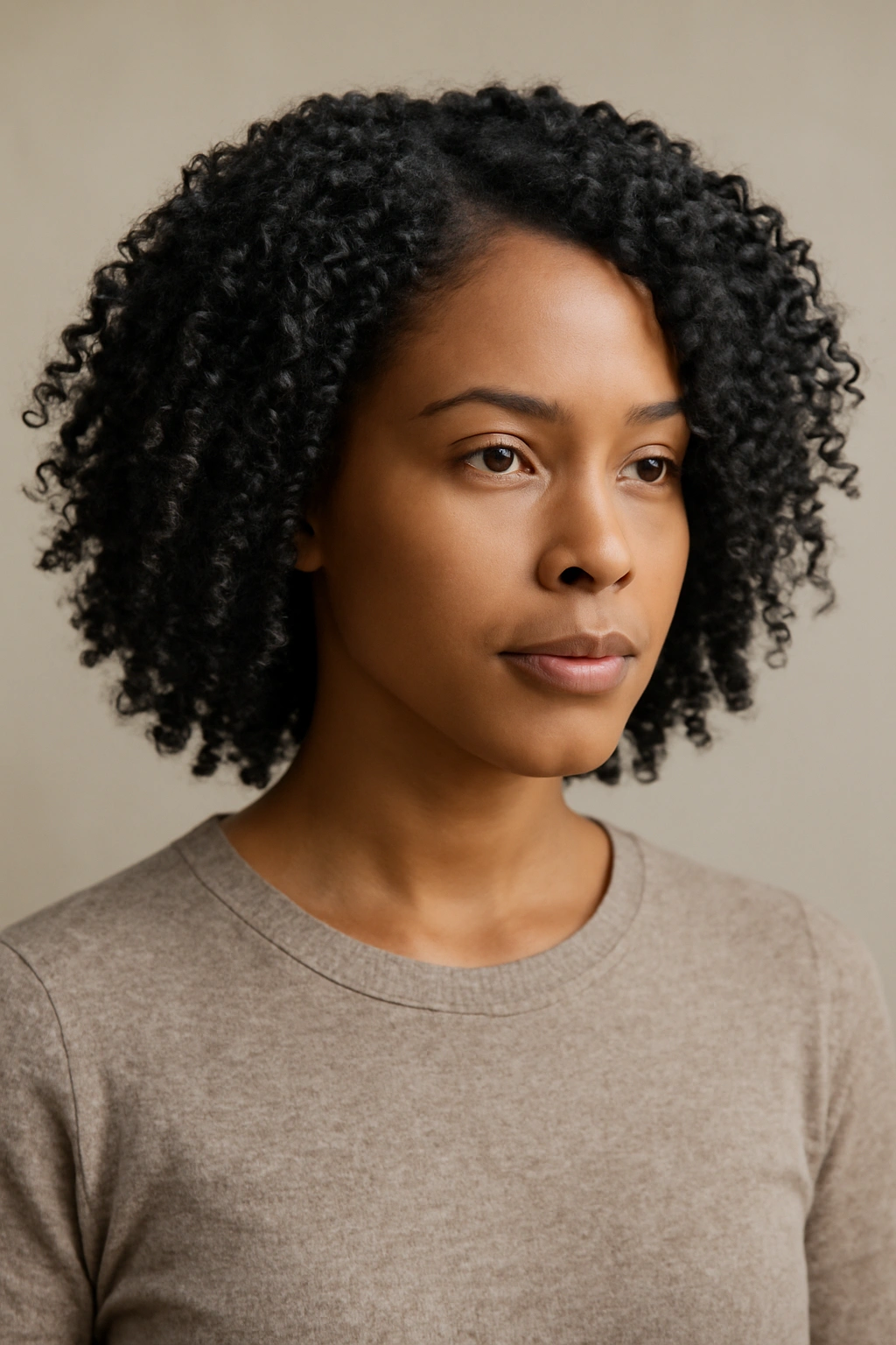 12 Wash and Go Haircuts for Busy Mornings 13 Close-up portrait of a person with natural textured hair in a wash-and-go cut against a neutral studio backdrop