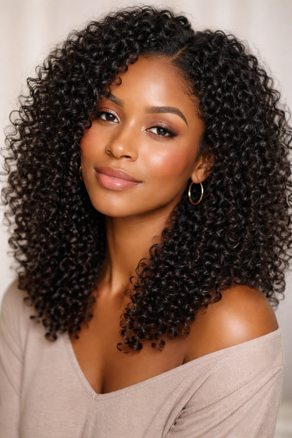 Model with natural curls after wash and go, minimal styling