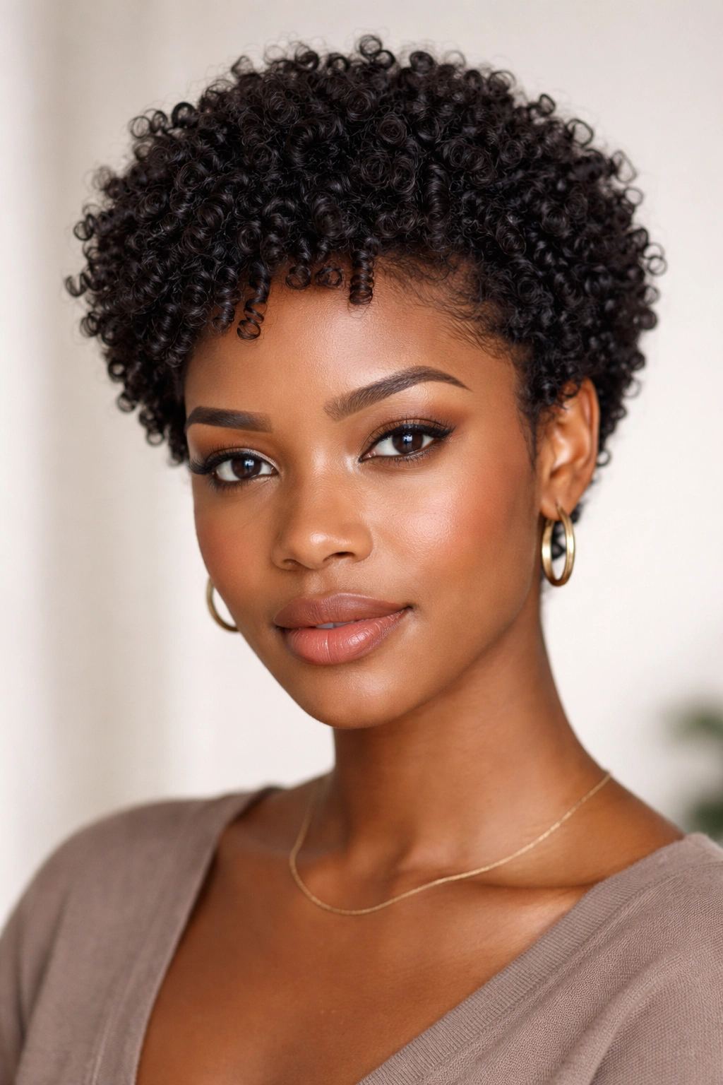 Portrait of a Black woman with a wash-and-go cut and defined curls