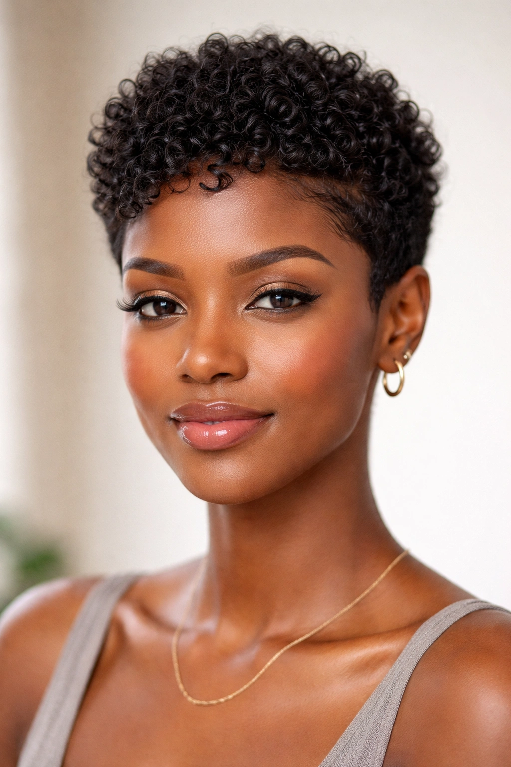 Close crop of a Black woman with a wash-and-go pixie and natural curls.