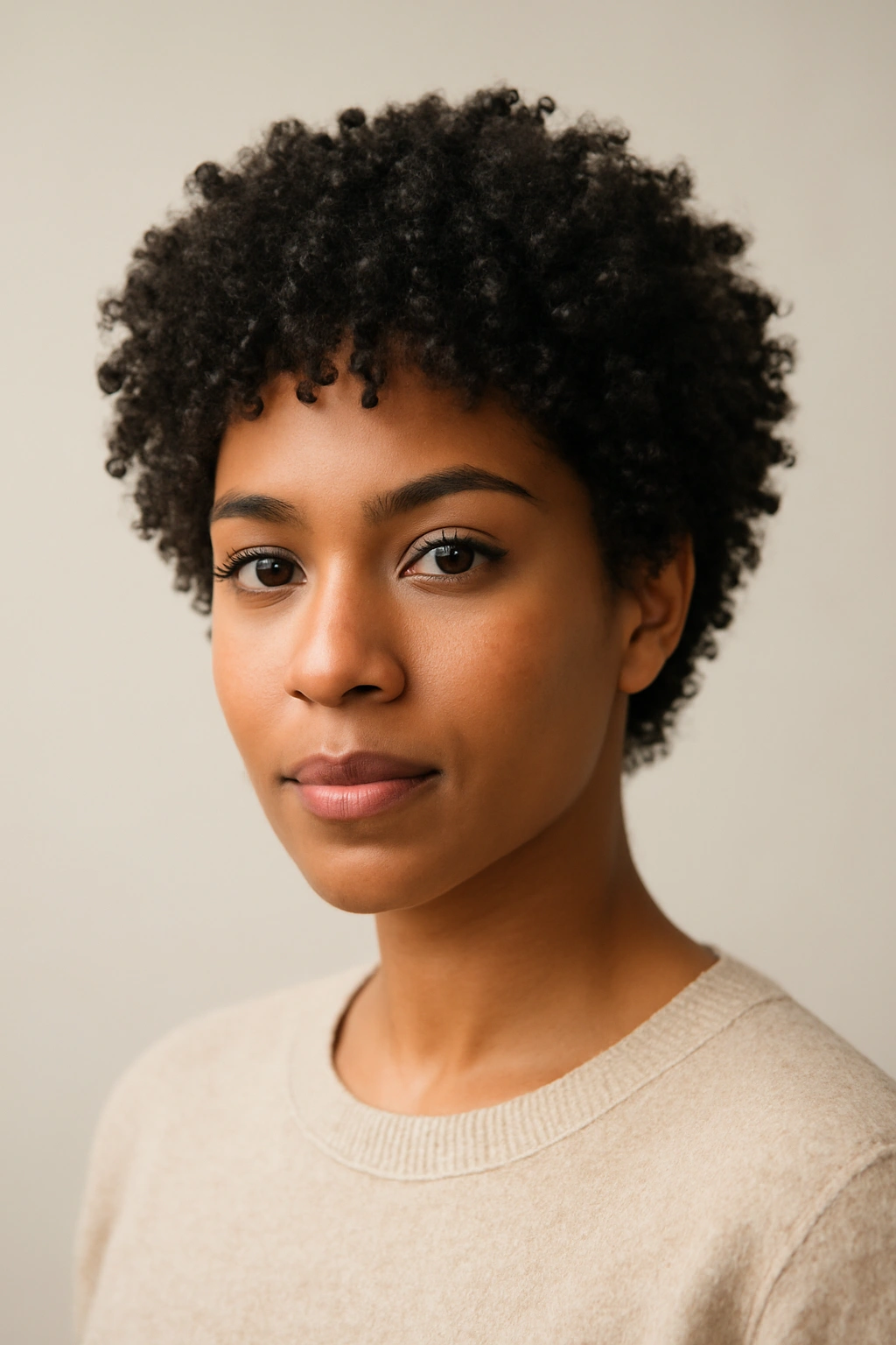 10 Short 3C Hairstyles That Will Instantly Elevate Your Look 2 Head-and-shoulders shot of a 2-3 inch uniform curly short crop.