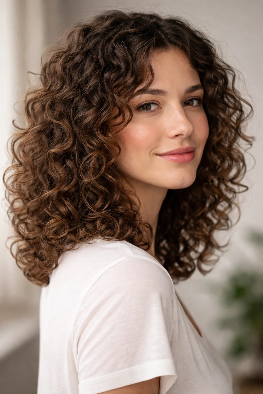 Shoulder-length curls in a wash-and-wear curly cut, natural air-dried shape