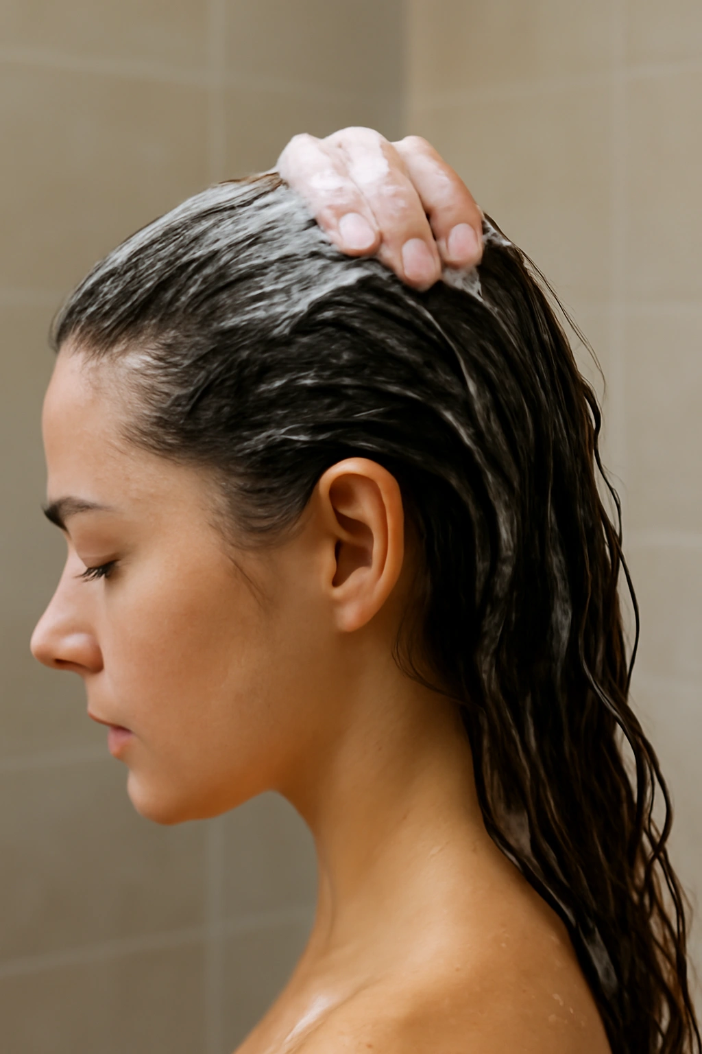Hand massaging scalp with shampoo lather during washing