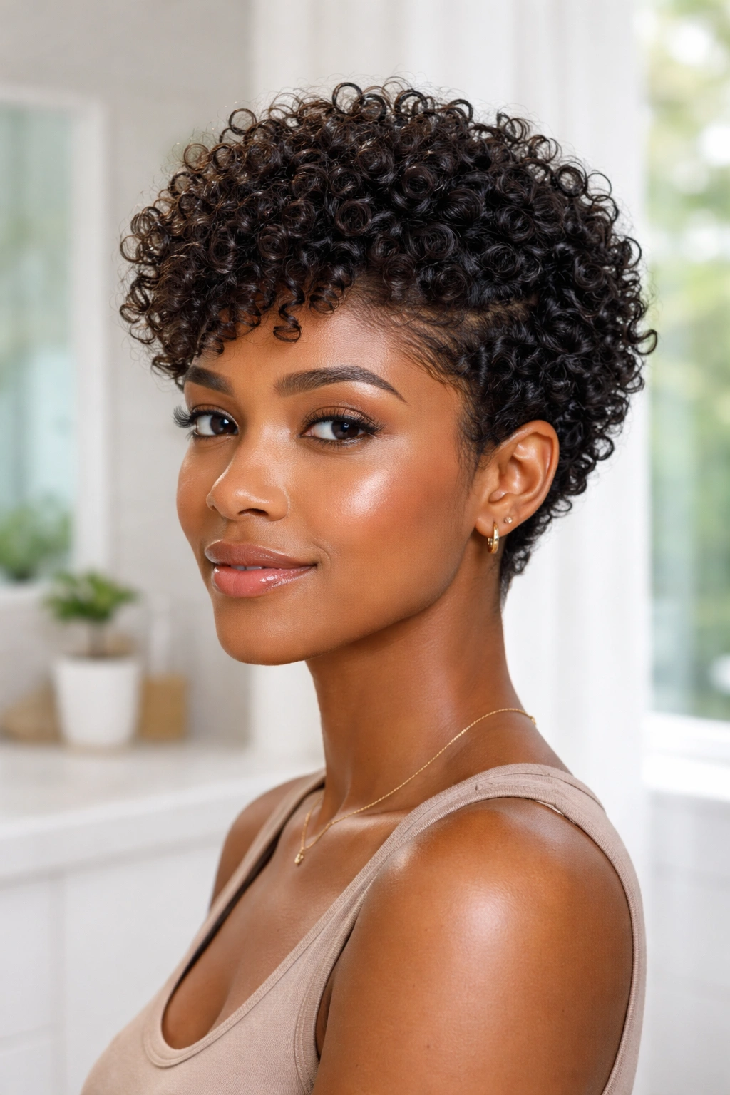 Natural wash-and-go short curls with defined pattern.