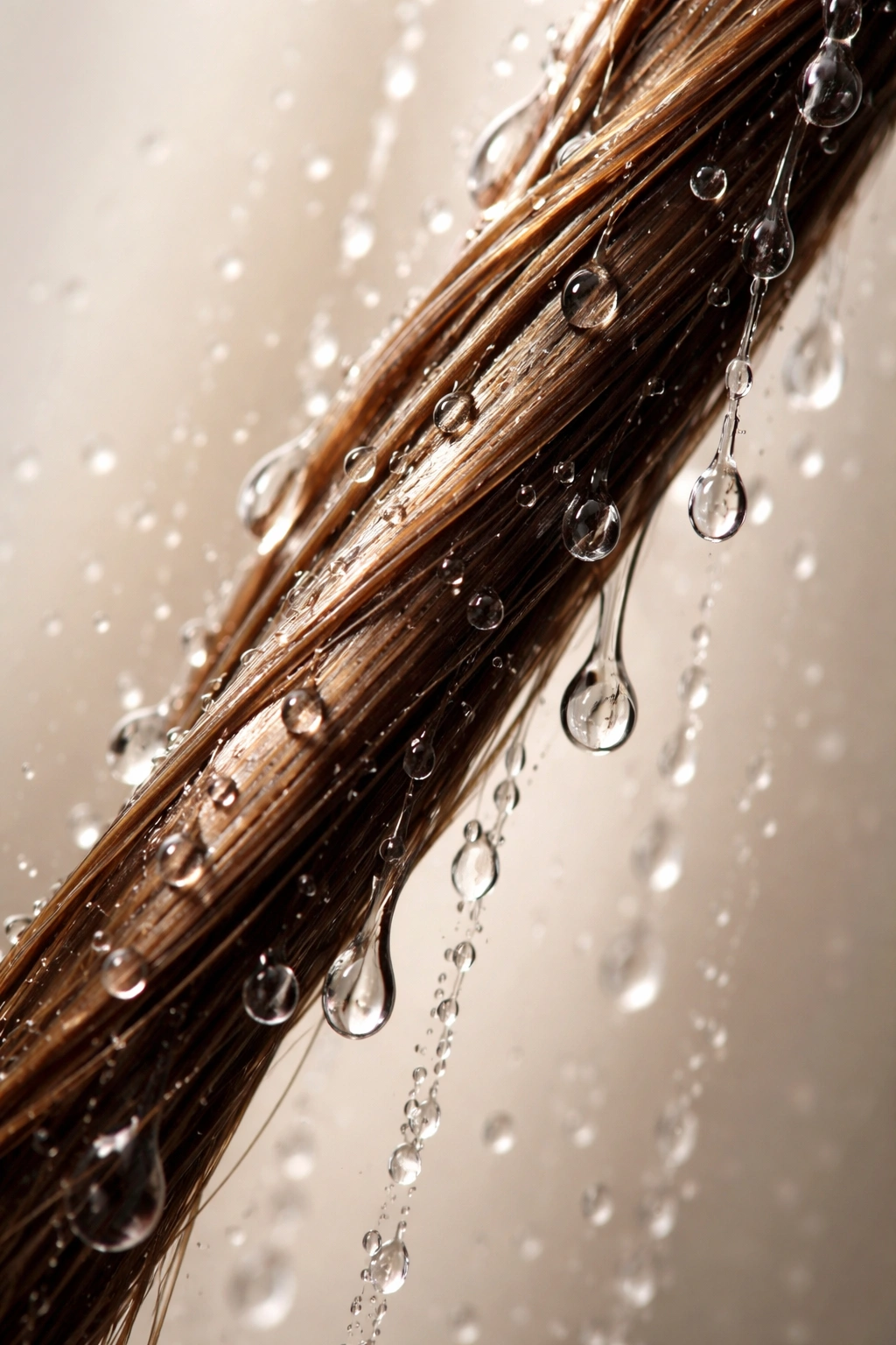 Water running down a hair strand to illustrate less frequent washing and oil preservation