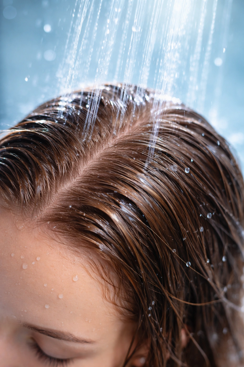 Close-up of a healthy scalp under a gentle shower illustrating washing frequency concepts