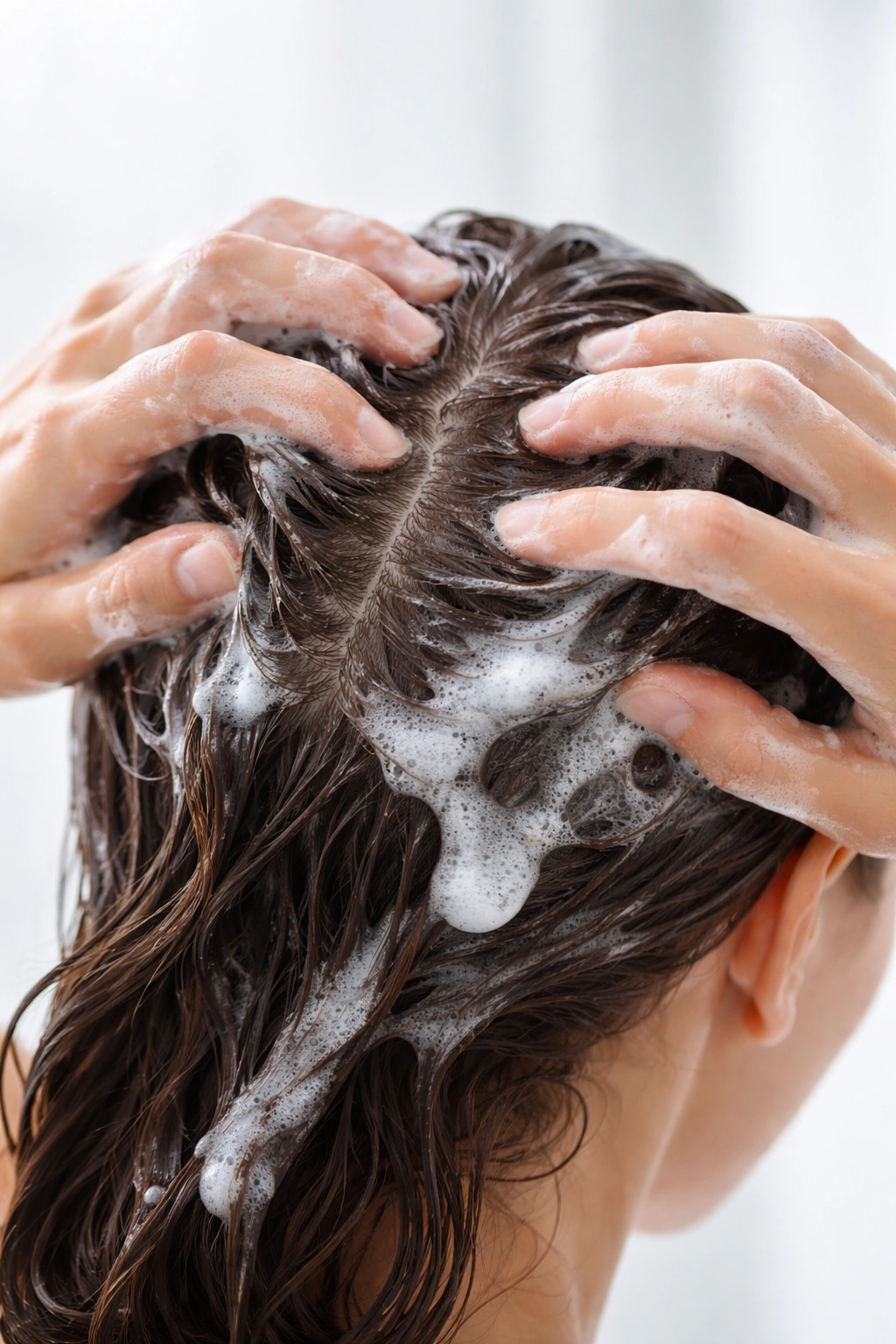 Fingertips massaging the scalp during shampooing with visible lather