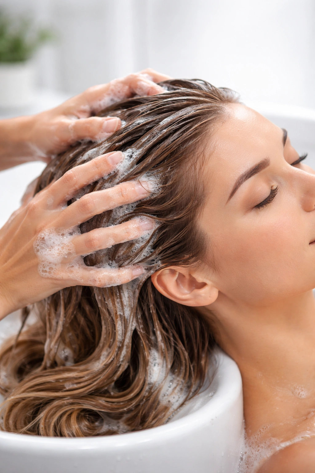 Hands massaging scalp with gentle lather during hair washing.