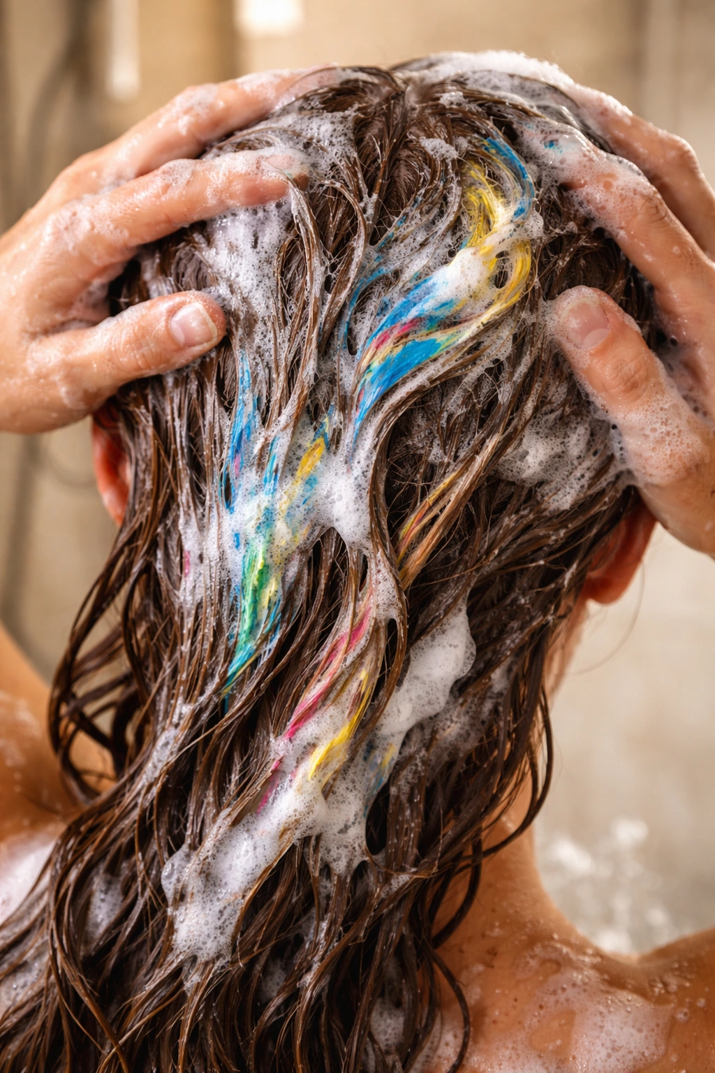 Hair being washed with shampoo with foam on painted sections in a warm bathroom