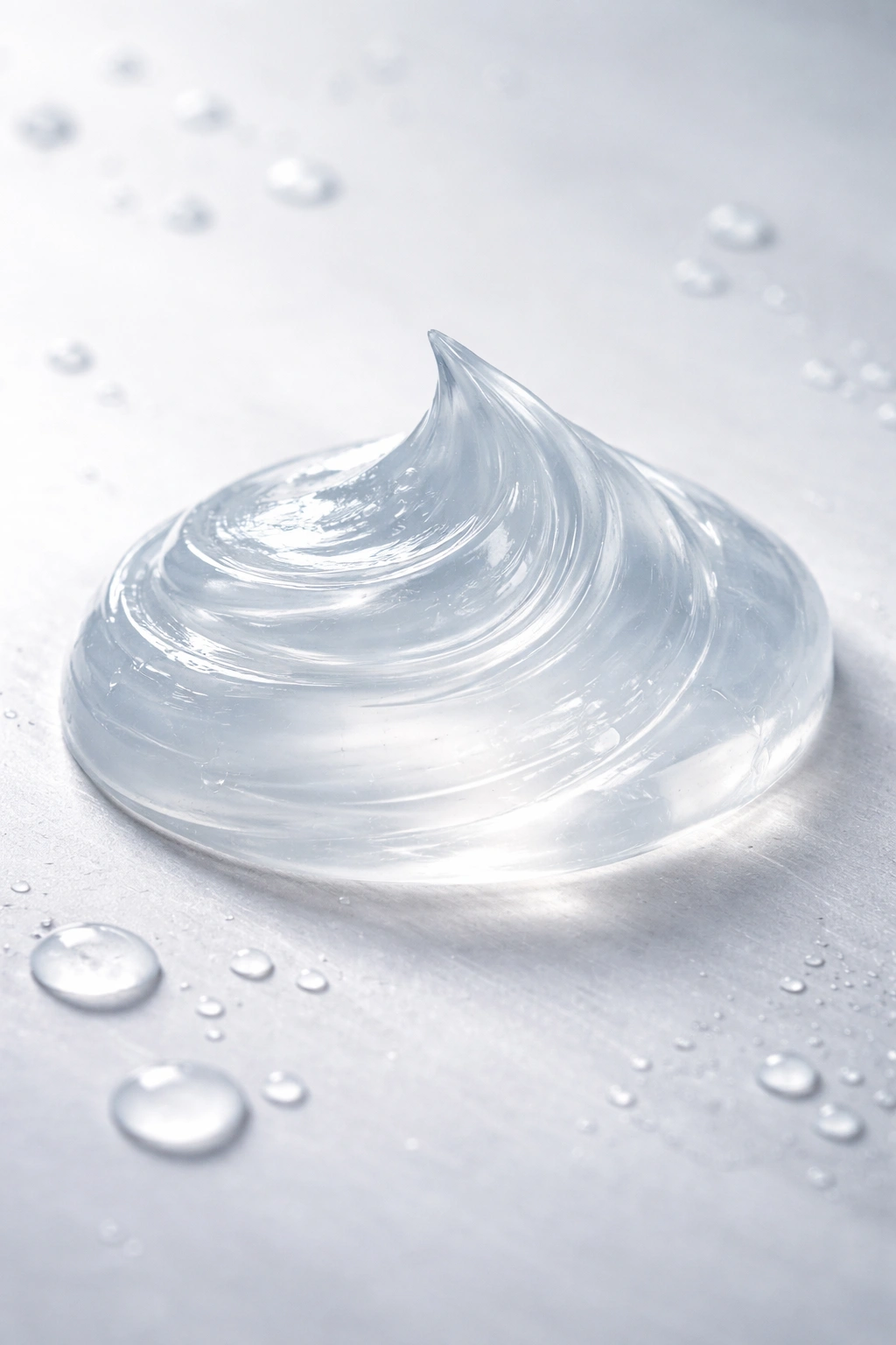 Translucent water-based pomade bead with water-like sheen on neutral surface
