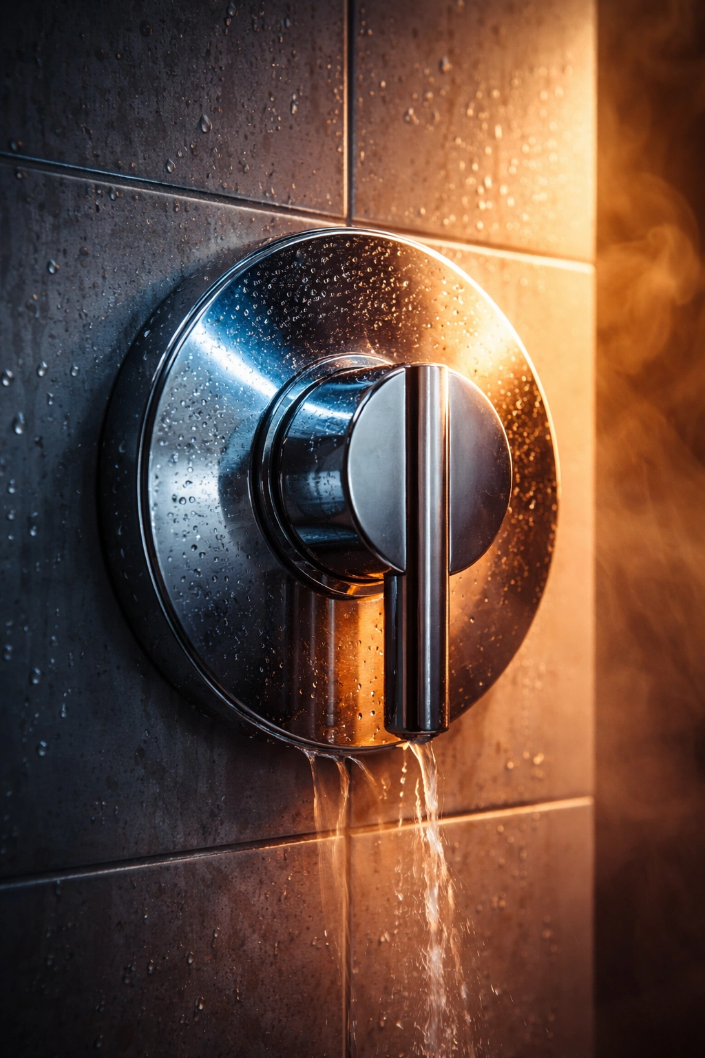 Close-up of a shower faucet with blue and warm lighting hinting at temperature control.