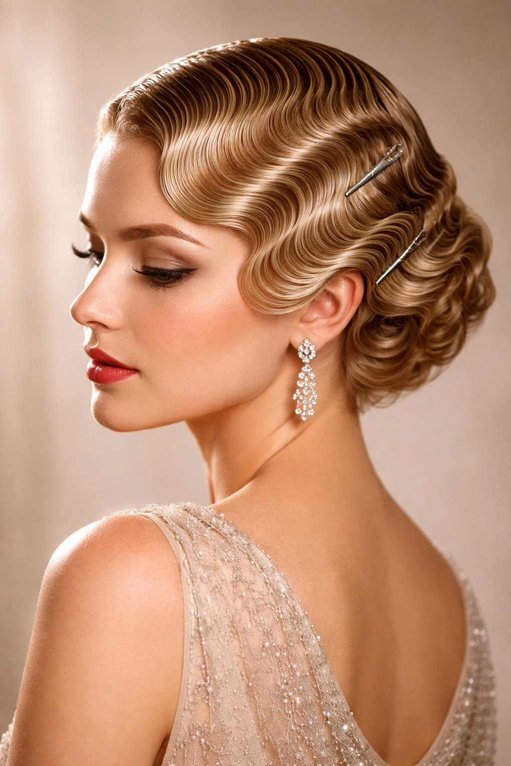Medium shot of finger waves on damp hair secured with clips