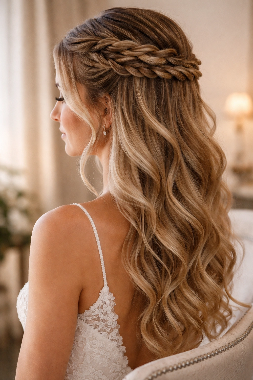Close-up of a waterfall half-up braid on a bridal hairstyle