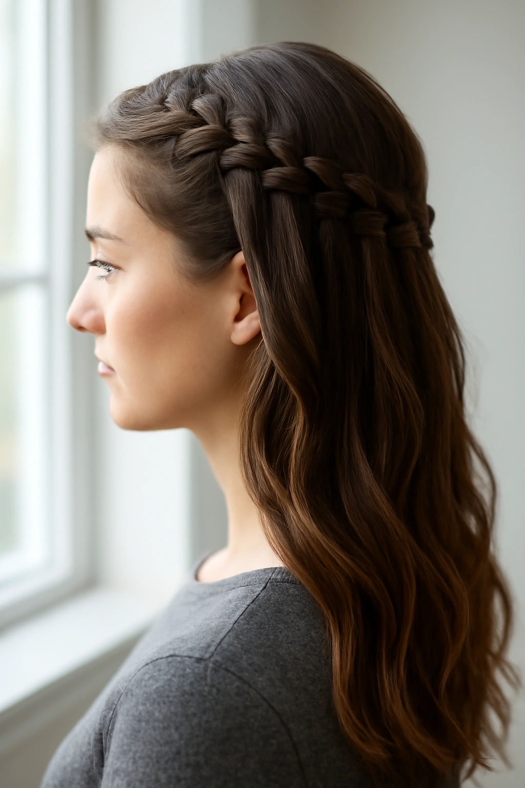 Waterfall braid with cascading dropped sections from crown to shoulder