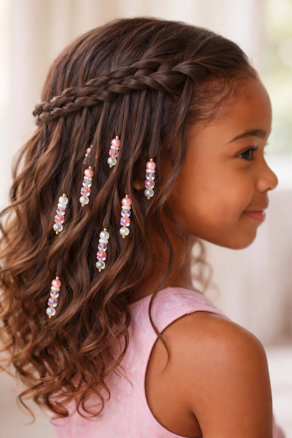 Side profile of a waterfall braid with cascading beads on loose strands