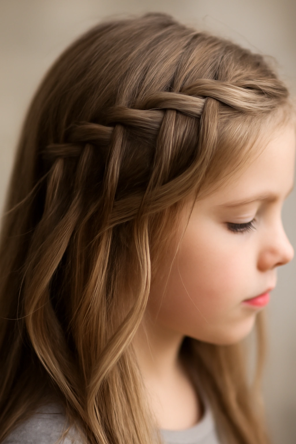 18 Kids Braid Styles That Work for School and Play 5 Close-up of a waterfall braid with cascading loose strands around a child's face