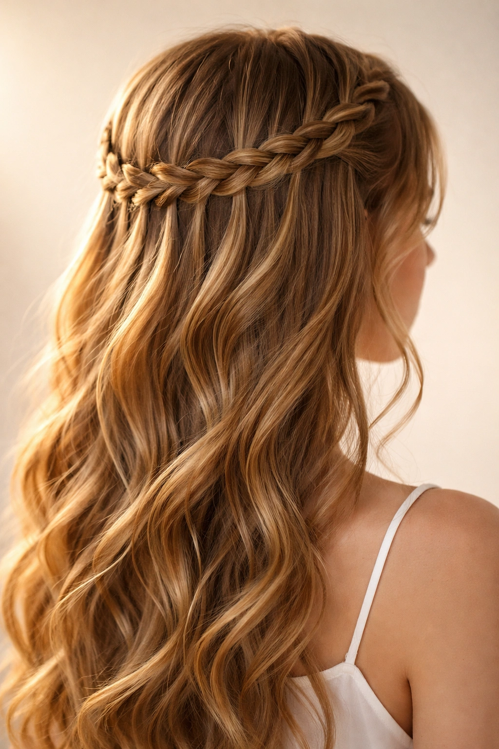 Waterfall braid crown with cascading strands around head.