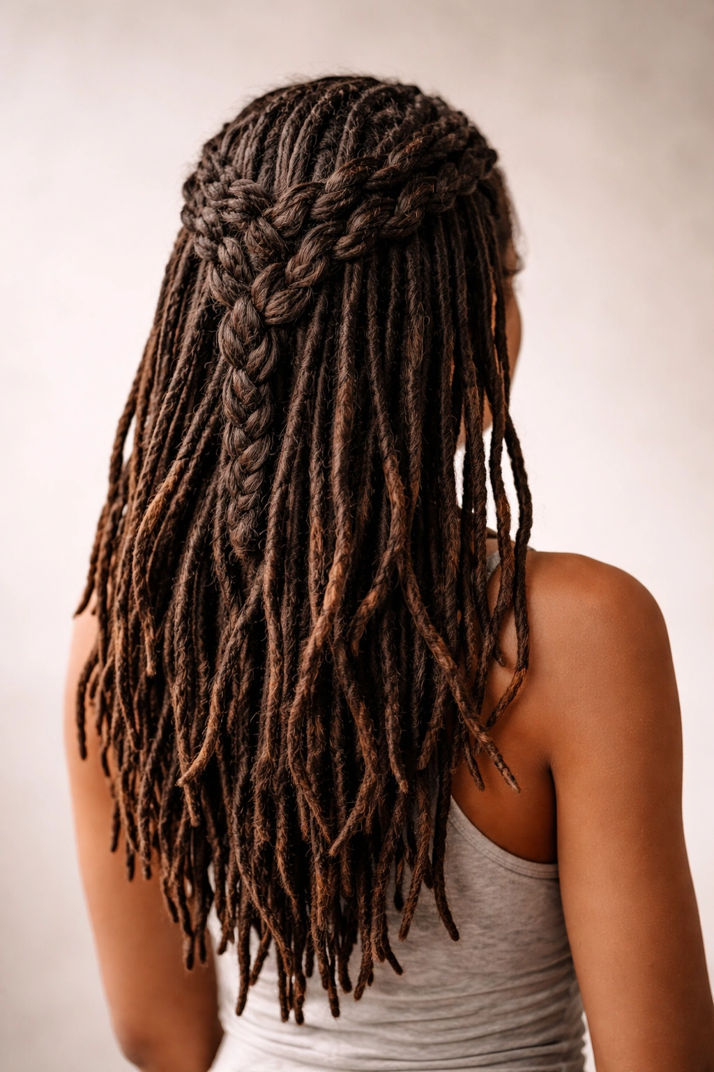 15 Dreadlock Styles For Women At Every Length 7 Dreadlocks styled in a cascading waterfall braid down the back.