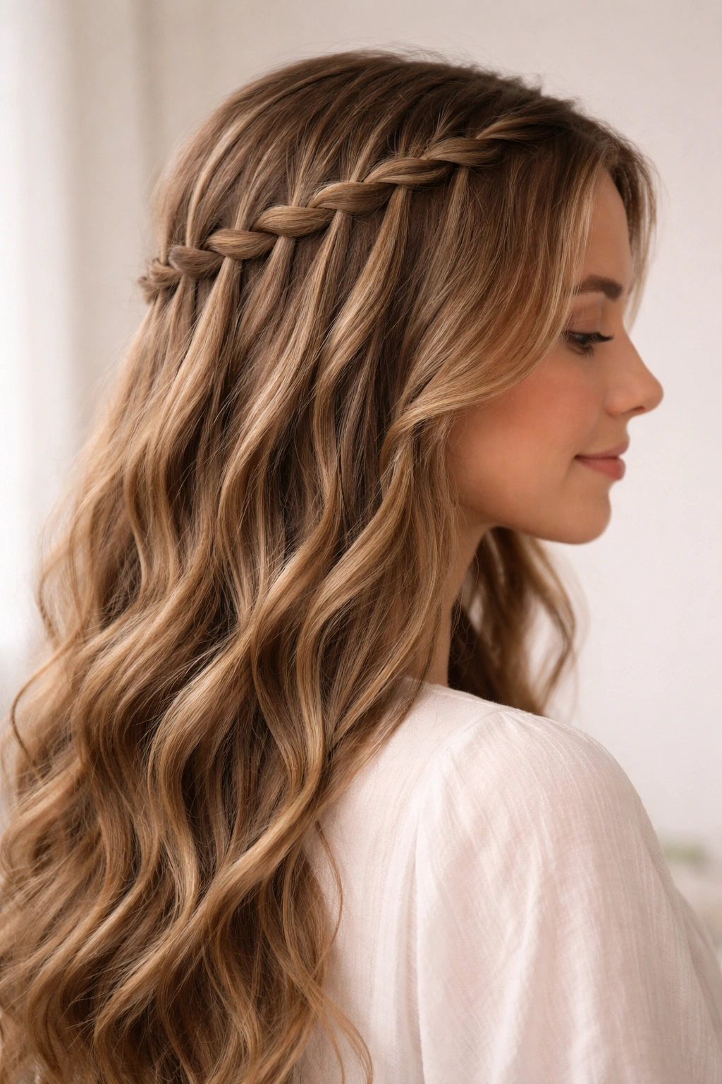 Side profile with waterfall braid cascading strands