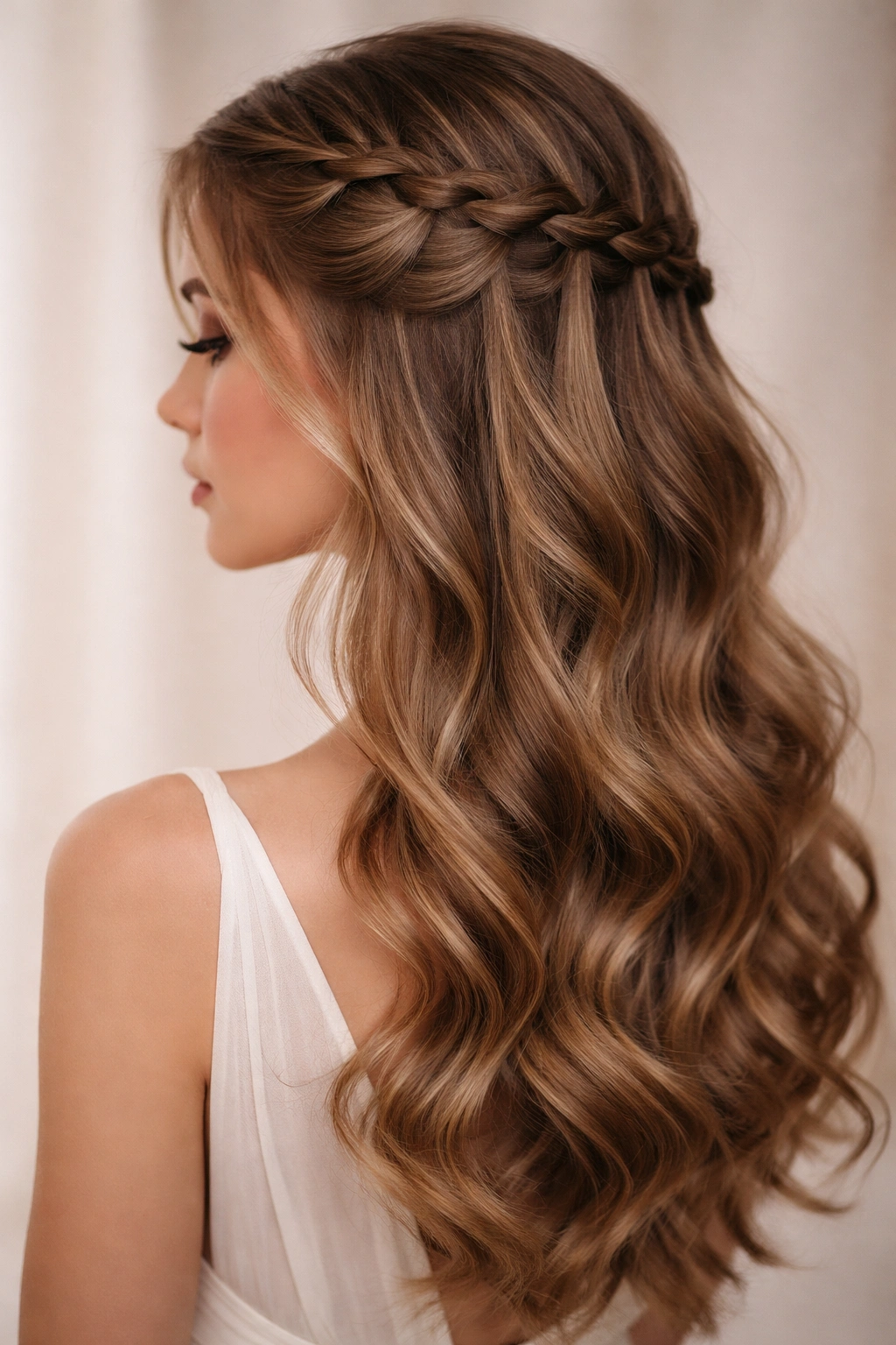 Side profile of waterfall braid cascading along the head with loose curls