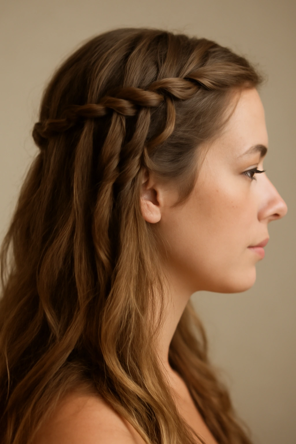 10 Loose Braid Styles for Casual or Dressy Occasions 8 Side profile of a waterfall braid with cascading loose strands along the head