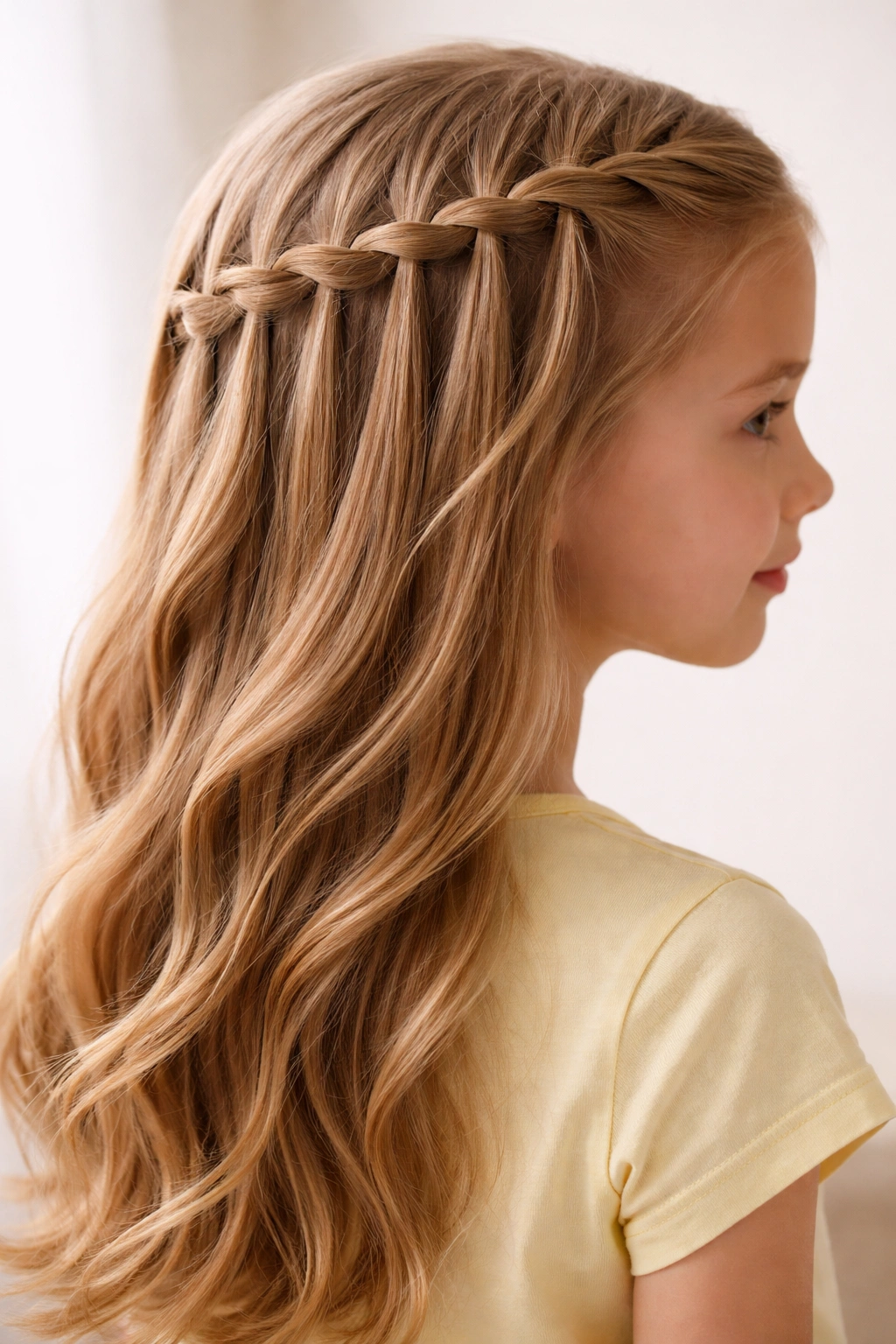 Side view of a waterfall braid cascading along the head