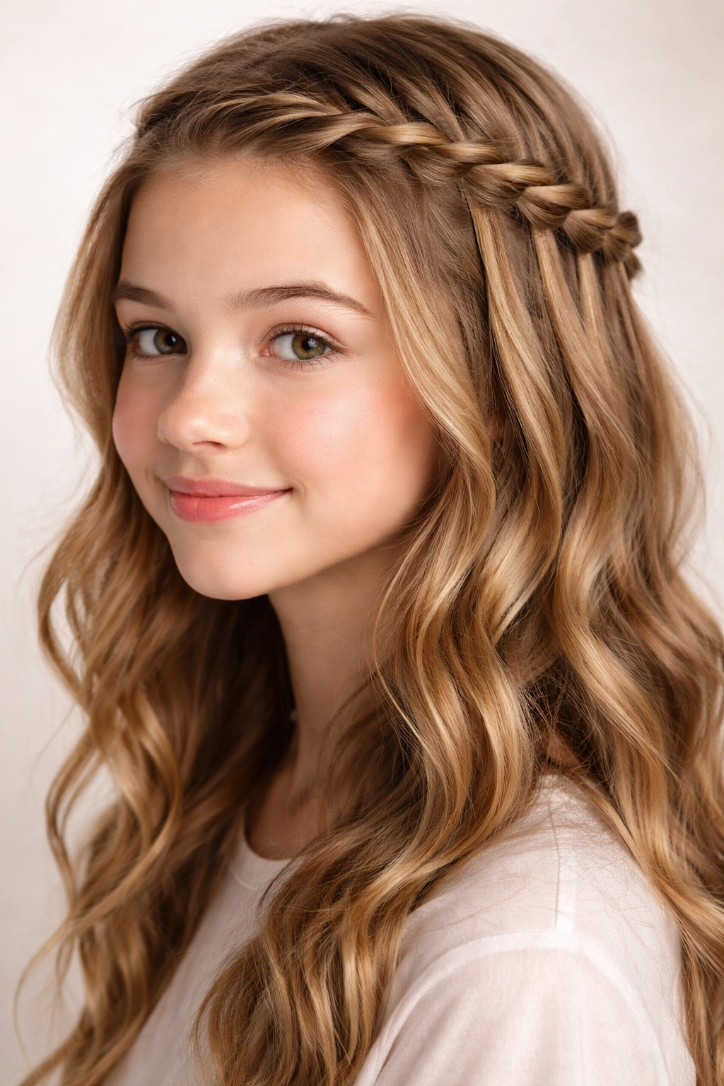 Waterfall braid encircling the head with cascading strands