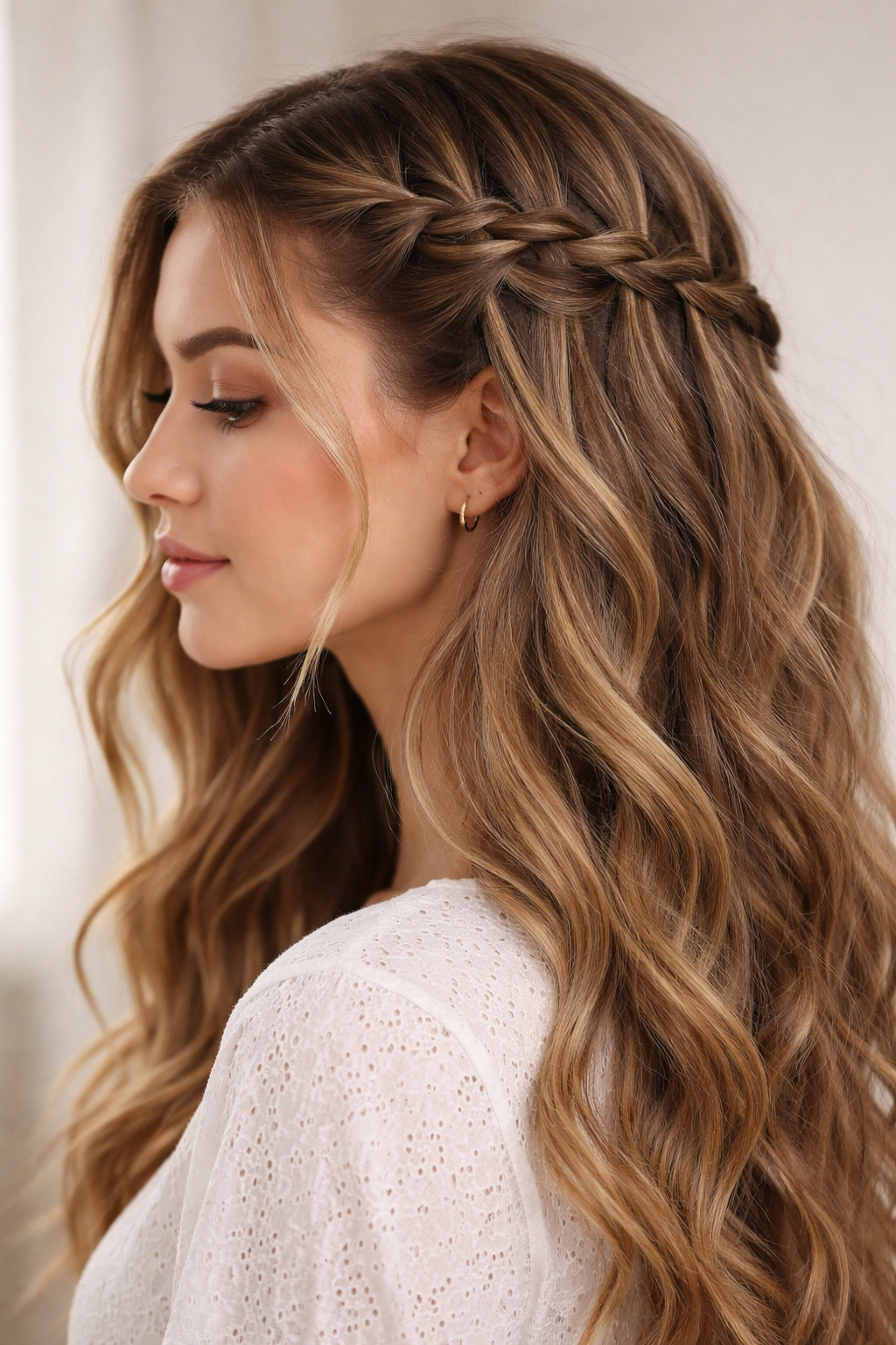Close-up side profile of a waterfall braid with cascading strands on textured waves