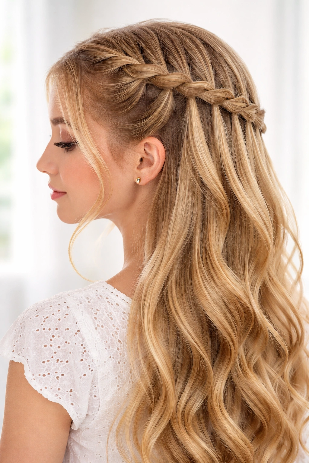 Waterfall braid across the head with cascading strands.