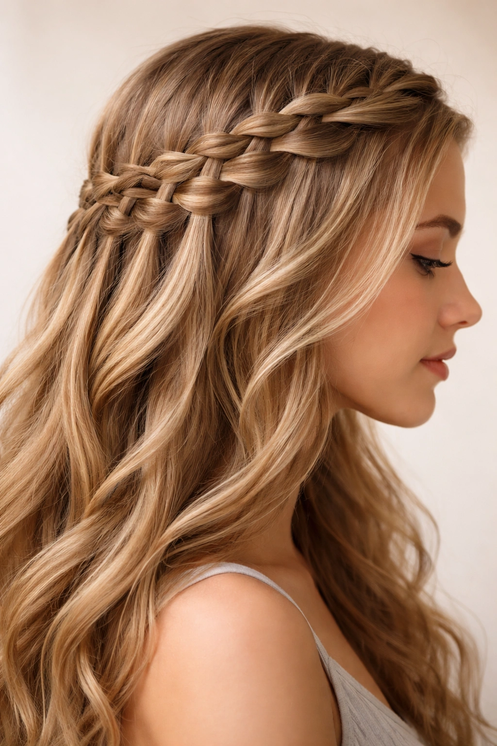 Side view of a waterfall braid with cascading drops around the head