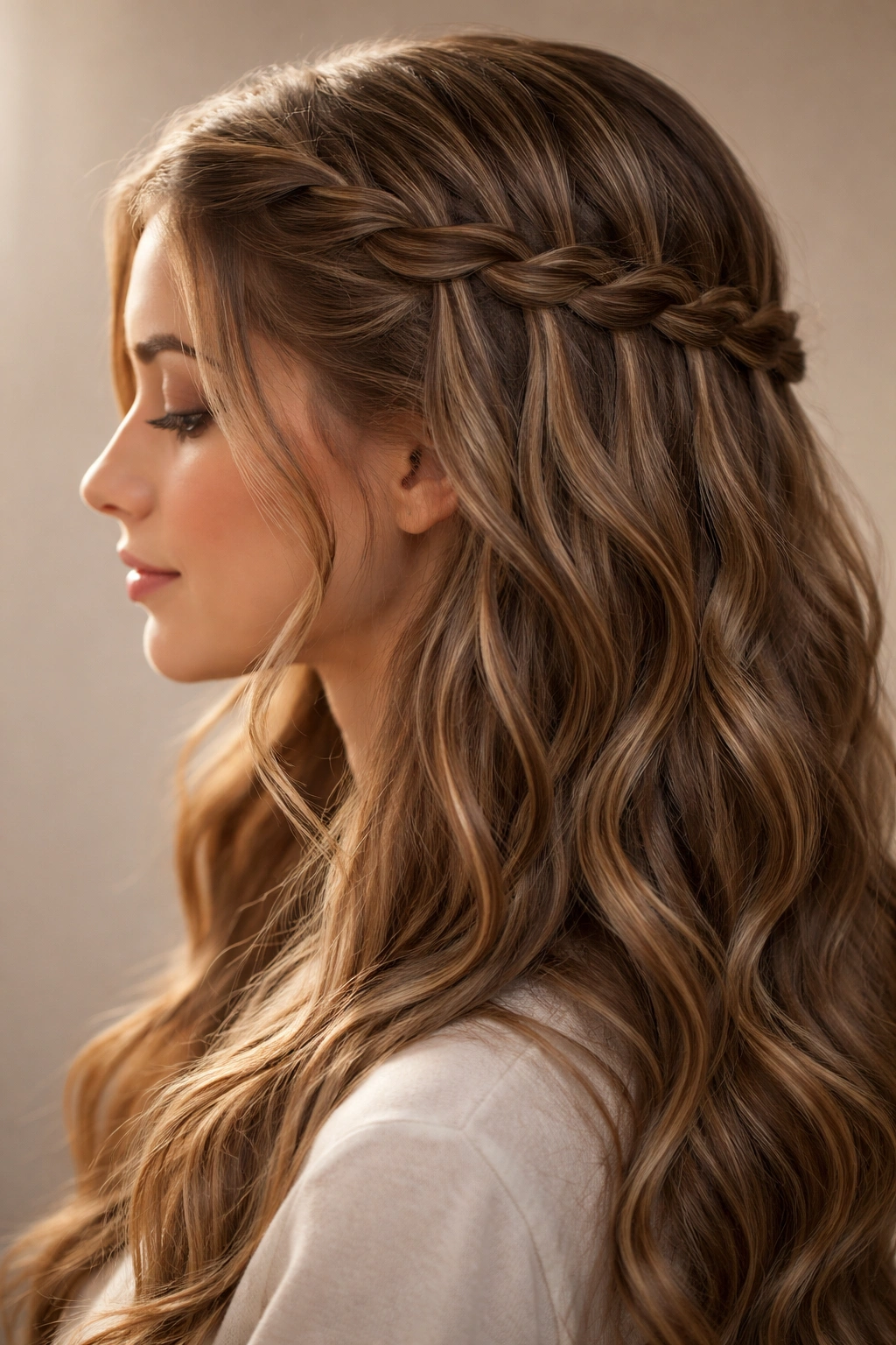 Side-profile of waterfall braid with cascading sections