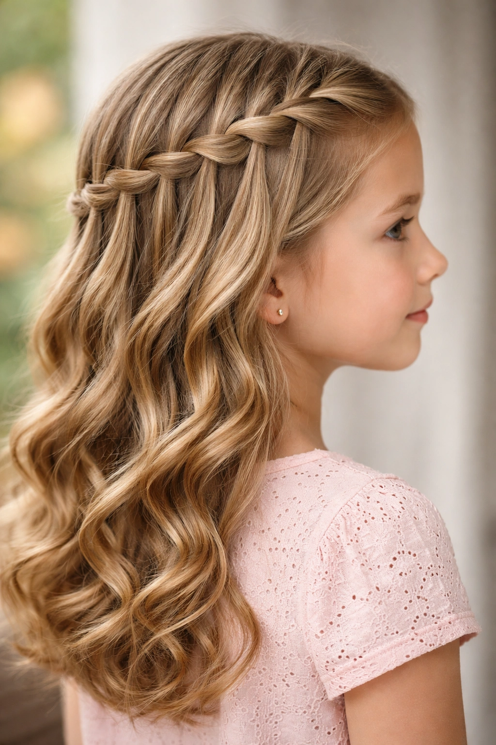 Waterfall braid along the side with cascading strands.