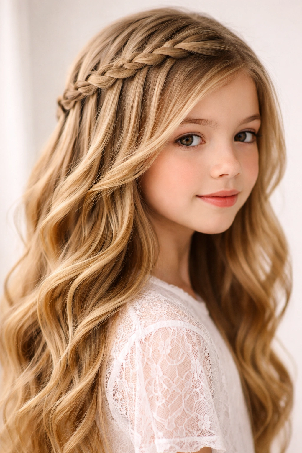 Waterfall braid along the crown with flowing hair