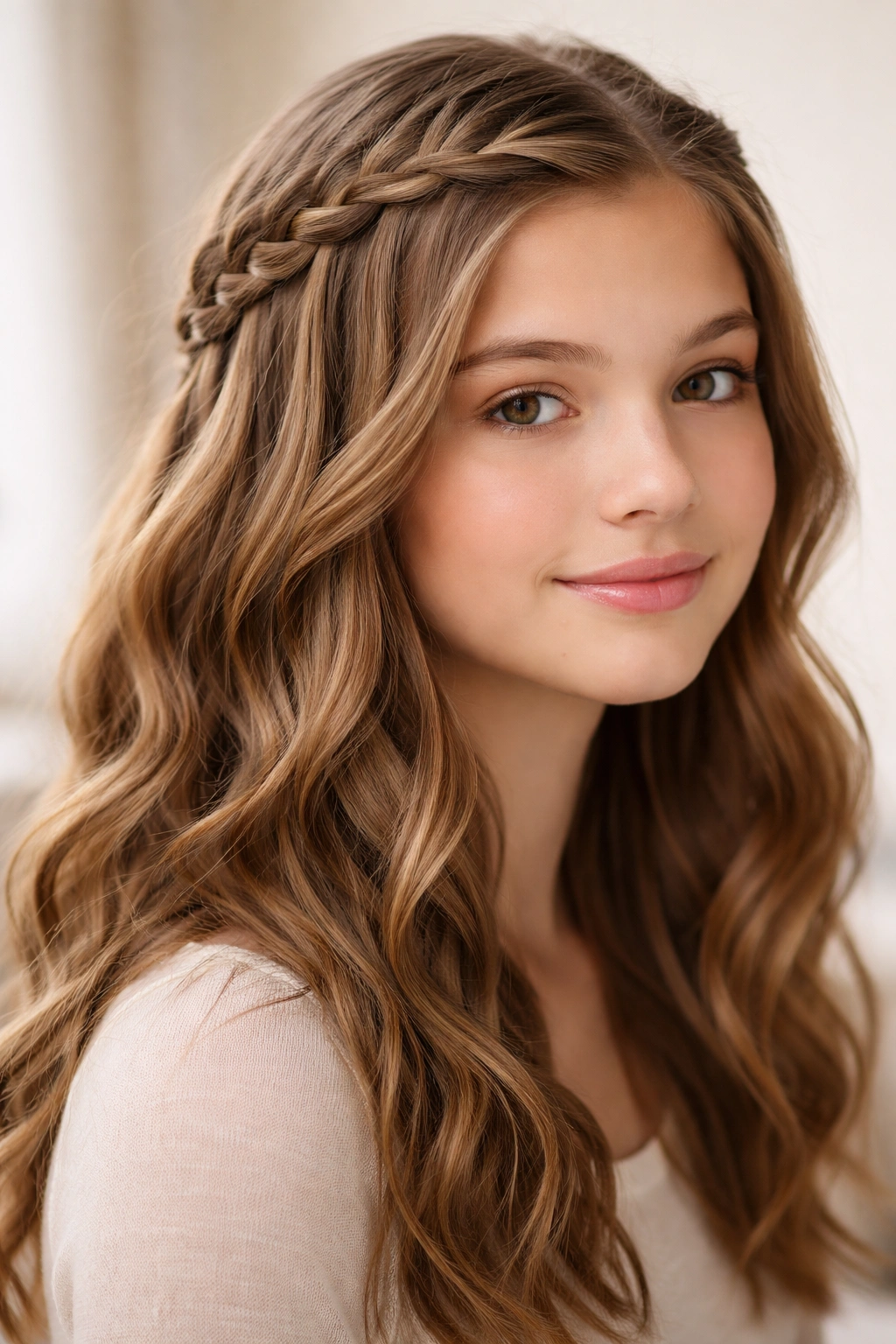 Close-up of a teen's hair styled in a waterfall braid crown