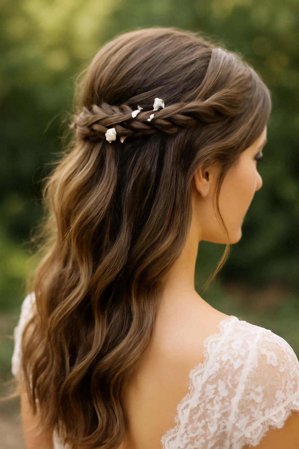 Close-up of a bridal half-up waterfall braid with subtle loose waves and tiny blossoms