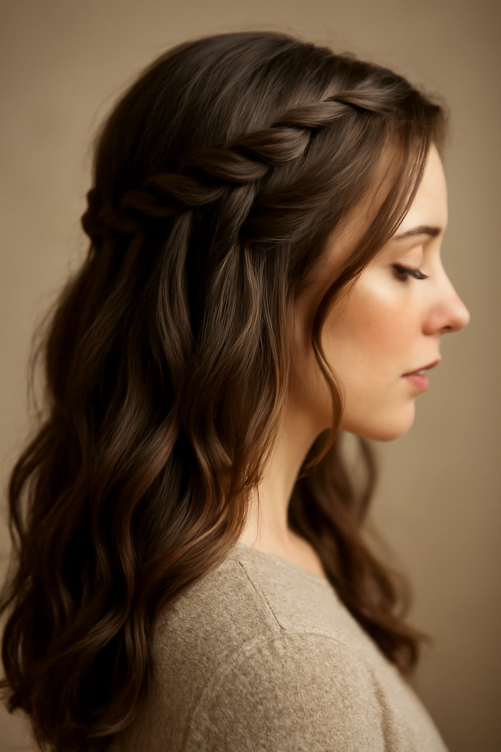 18 Braided Hairstyles for the Office and Weekends 7 Close-up of a waterfall braid in a half-up hairstyle with cascading strands