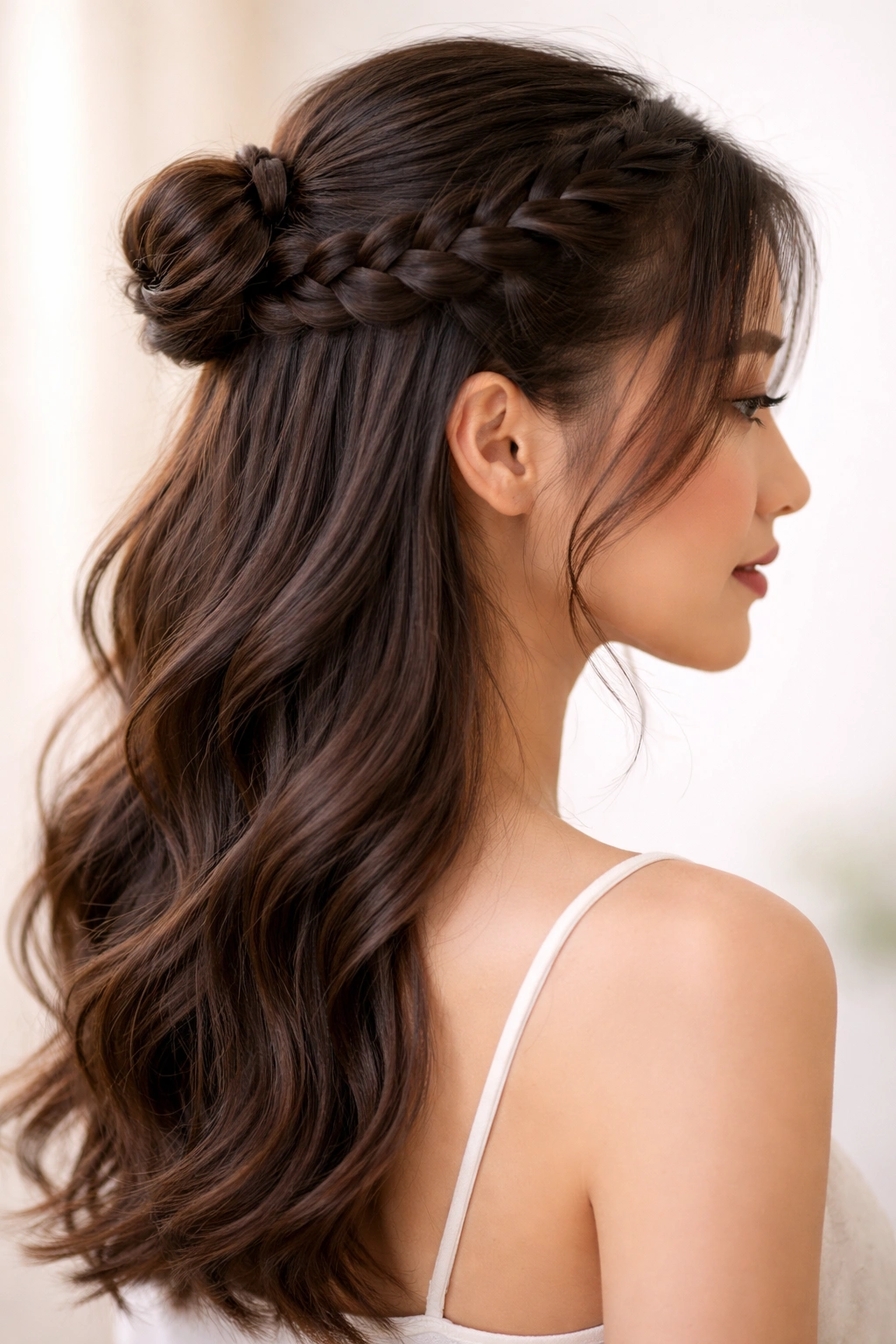 Side view of waterfall braid cascading into half-bun updo