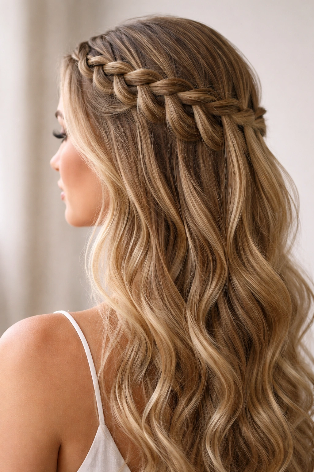 Close-up of Waterfall Braid with cascading strands and soft waves in studio lighting