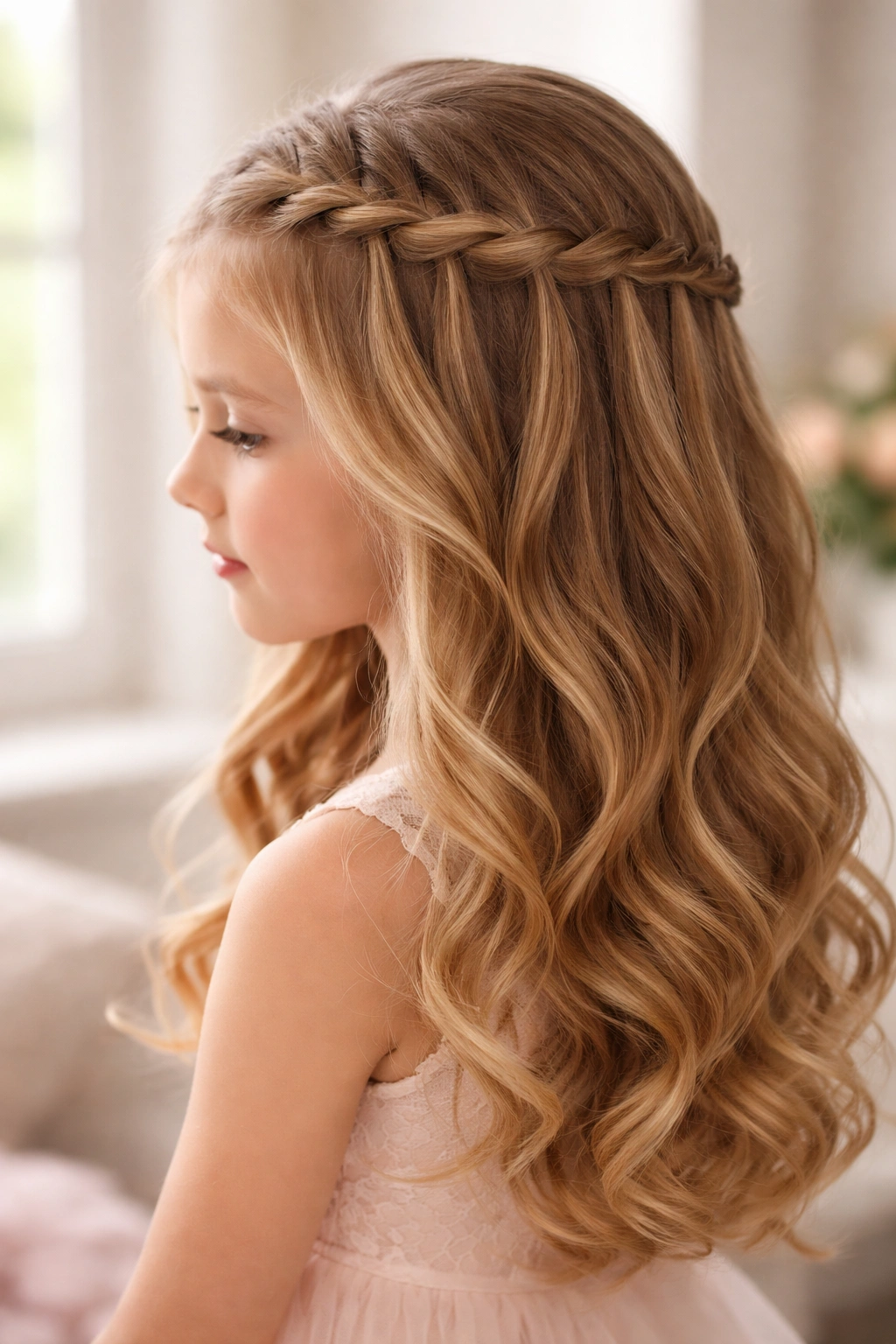 Waterfall braid cascading with loose curls on a young girl's head