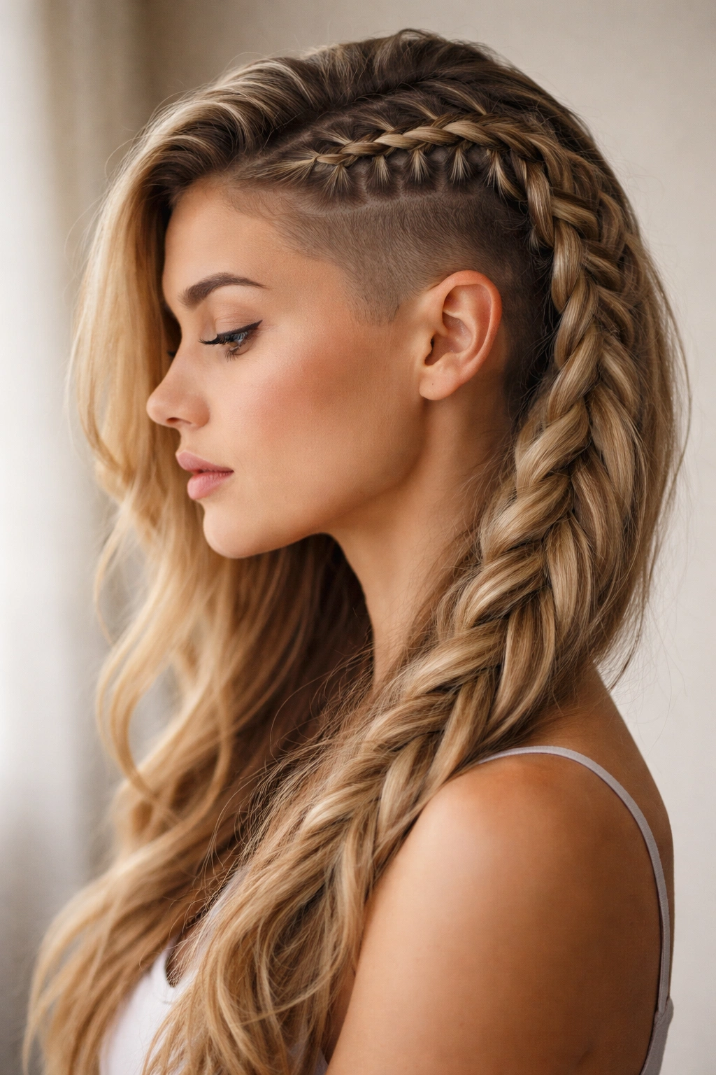 10 Braided Hairstyles With Shaved Sides For Women 7 Close-up of waterfall braid cascading over the shoulder with shaved sides