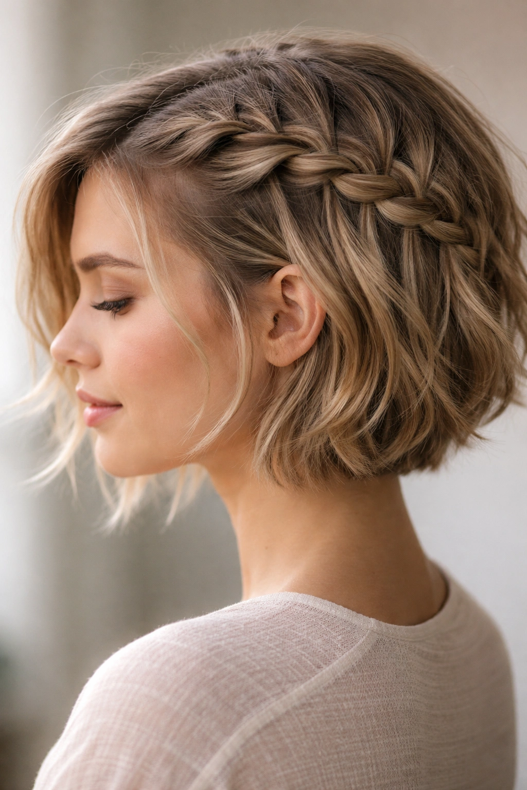 20 Short Braided Hairstyles To Pin Right Now 12 Side-view close-up of a waterfall braid cascading with loose strands