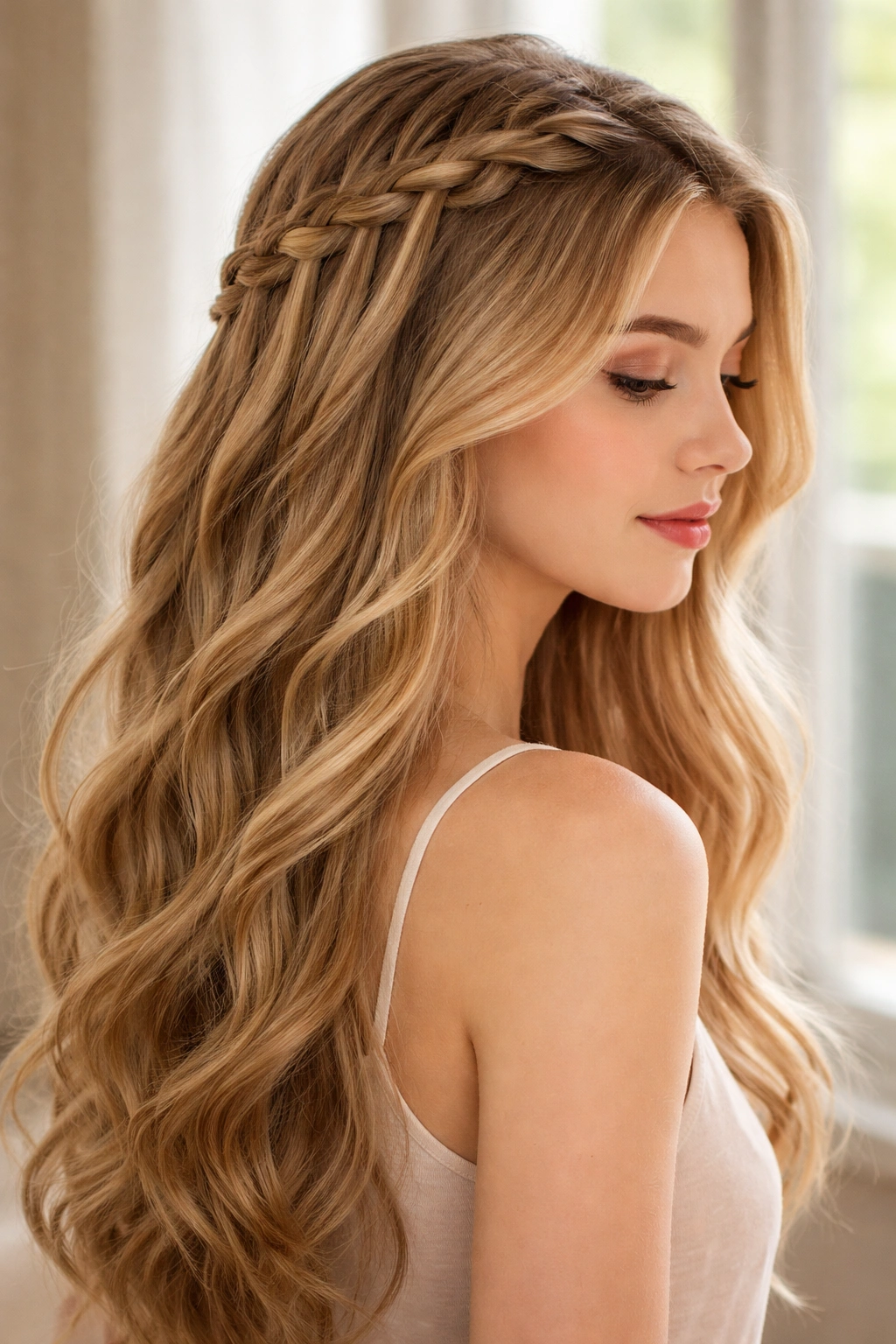 Waterfall braid cascading down one side with loose hair