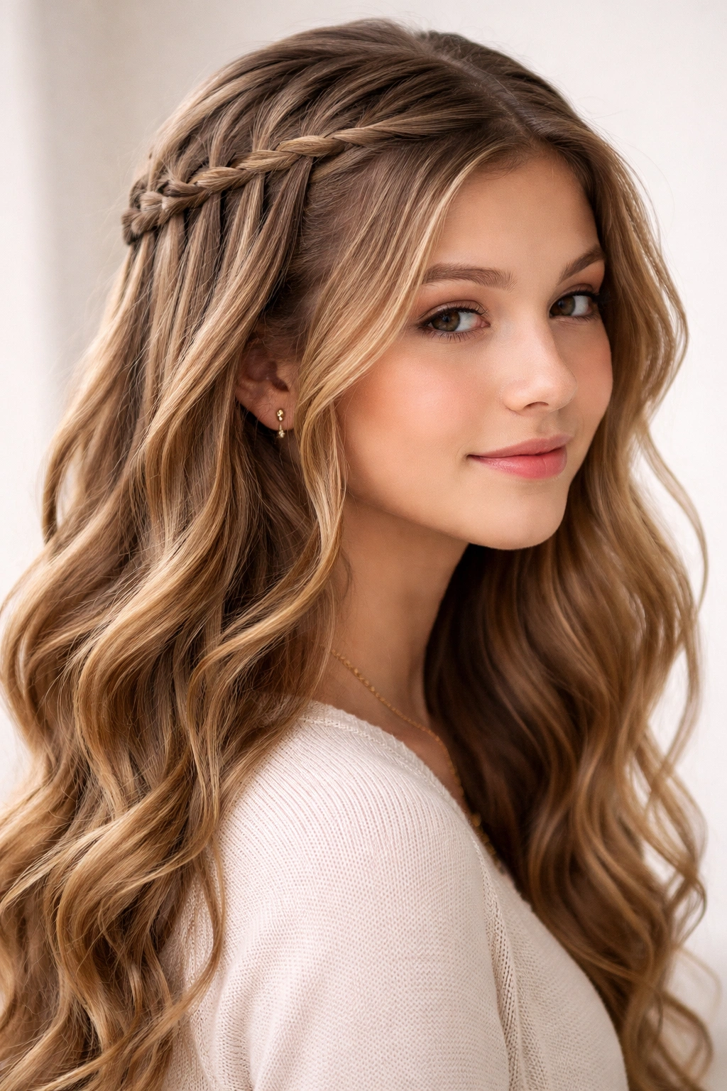 Close-up of a teen's head with a waterfall braid across the crown