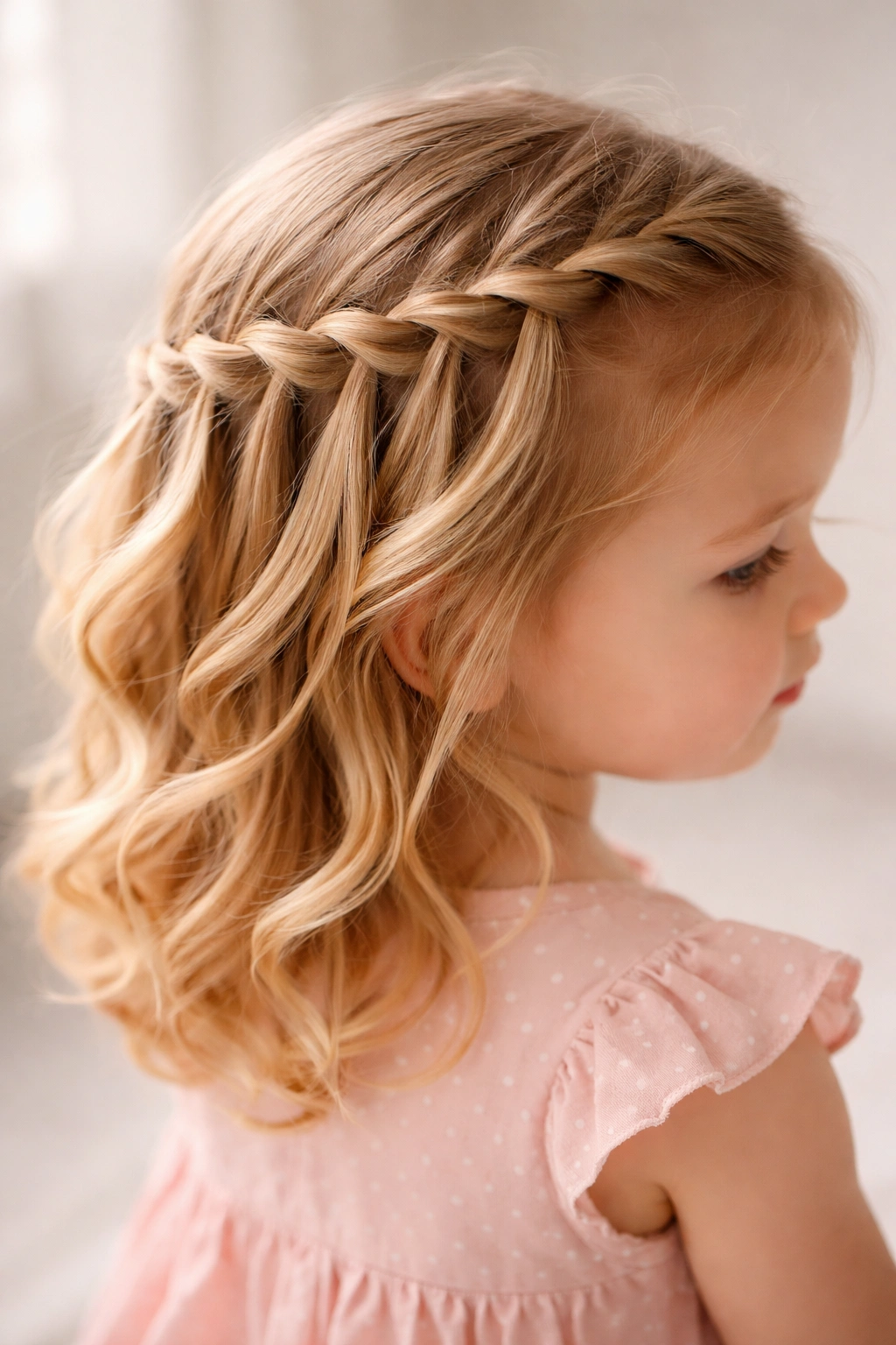 Close-up of a toddler's waterfall braid with cascading loose strands