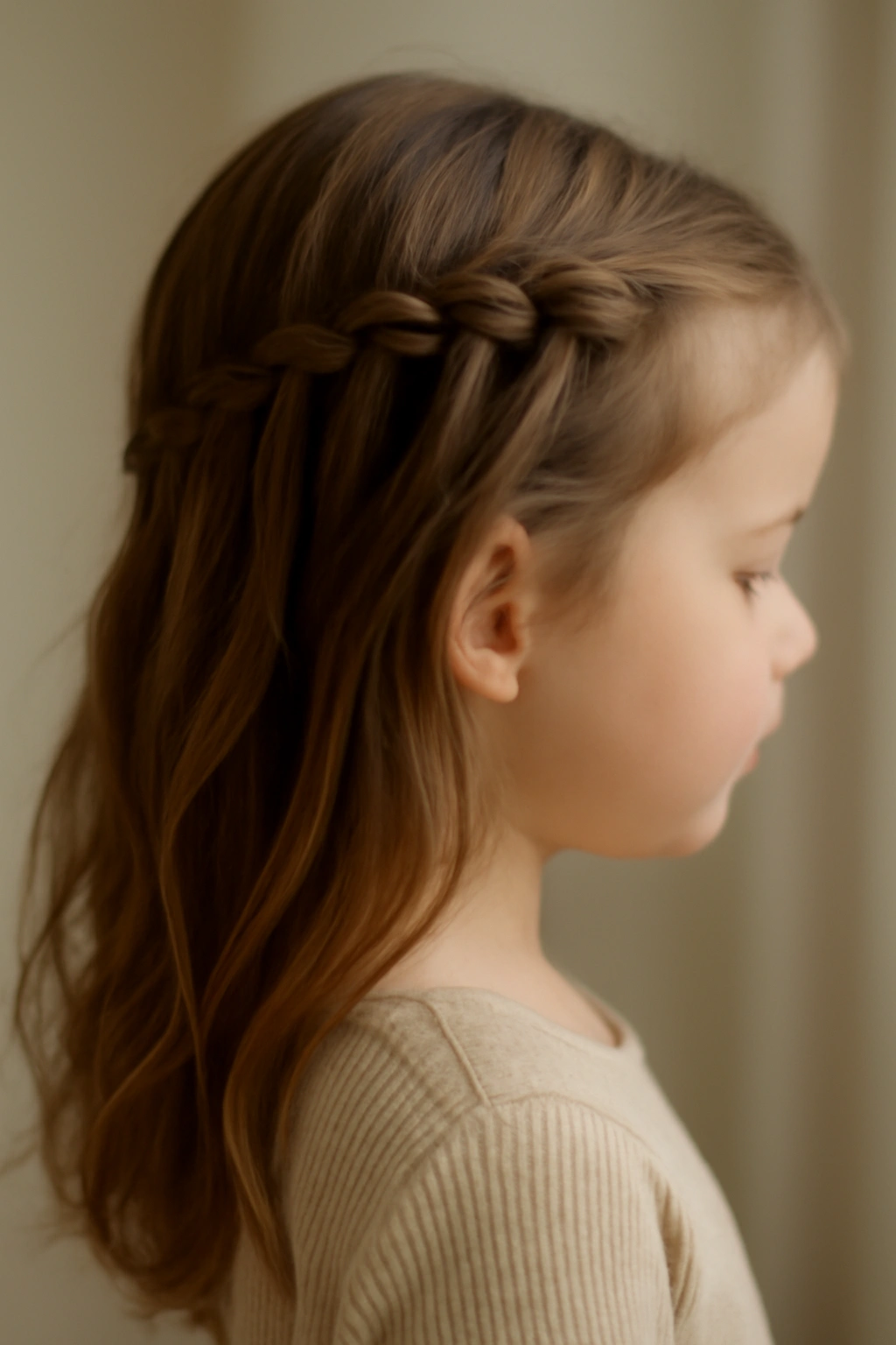 15 Quick and Easy Toddler Braids for Busy Mornings 13 Close-up of a waterfall braid along a toddler's temple with cascading strands