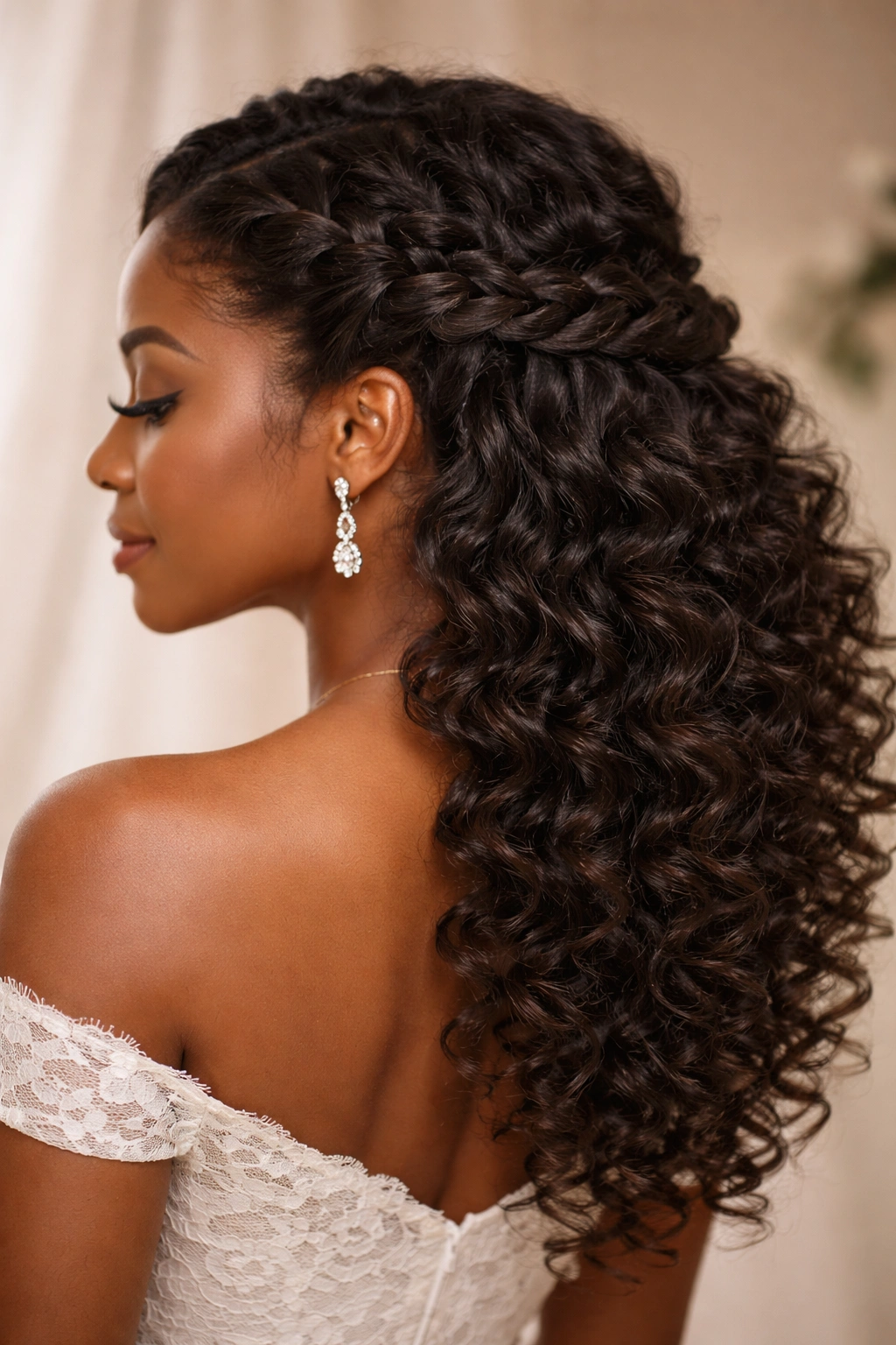 Waterfall braid with cascading curls around the head