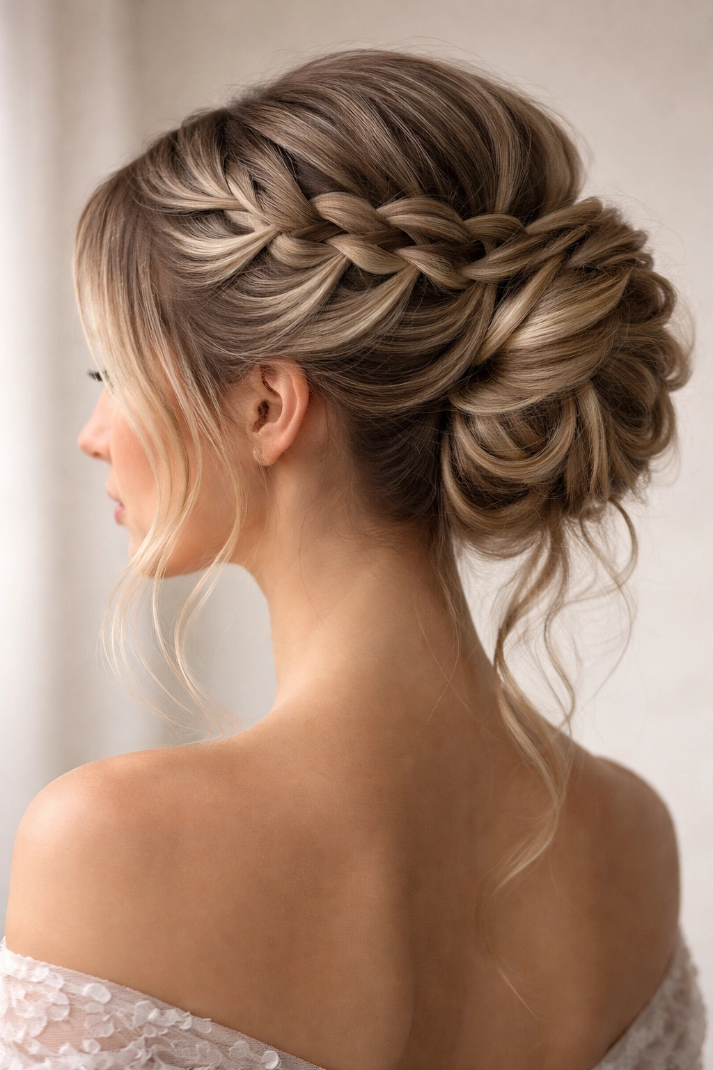 Close-up of waterfall braid updo with cascading strands and negative space